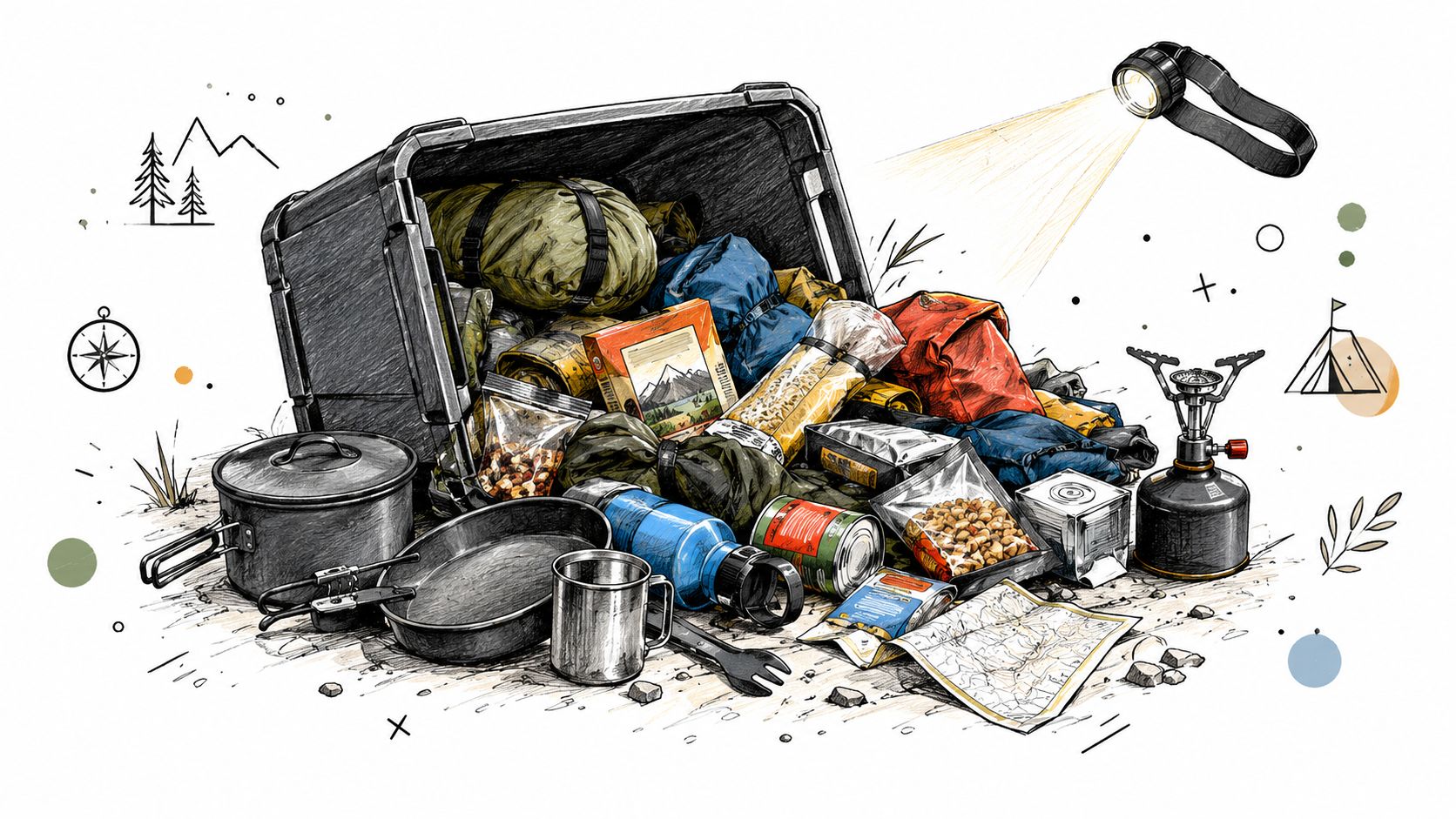 An illustrated camping crate filled with essential outdoor gear, cooking supplies, and camping equipment on the ground.