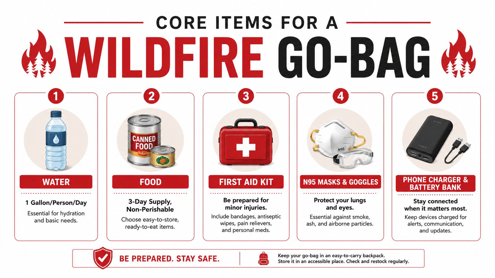 An infographic showing five essential items to include in a wildfire go-bag emergency kit.