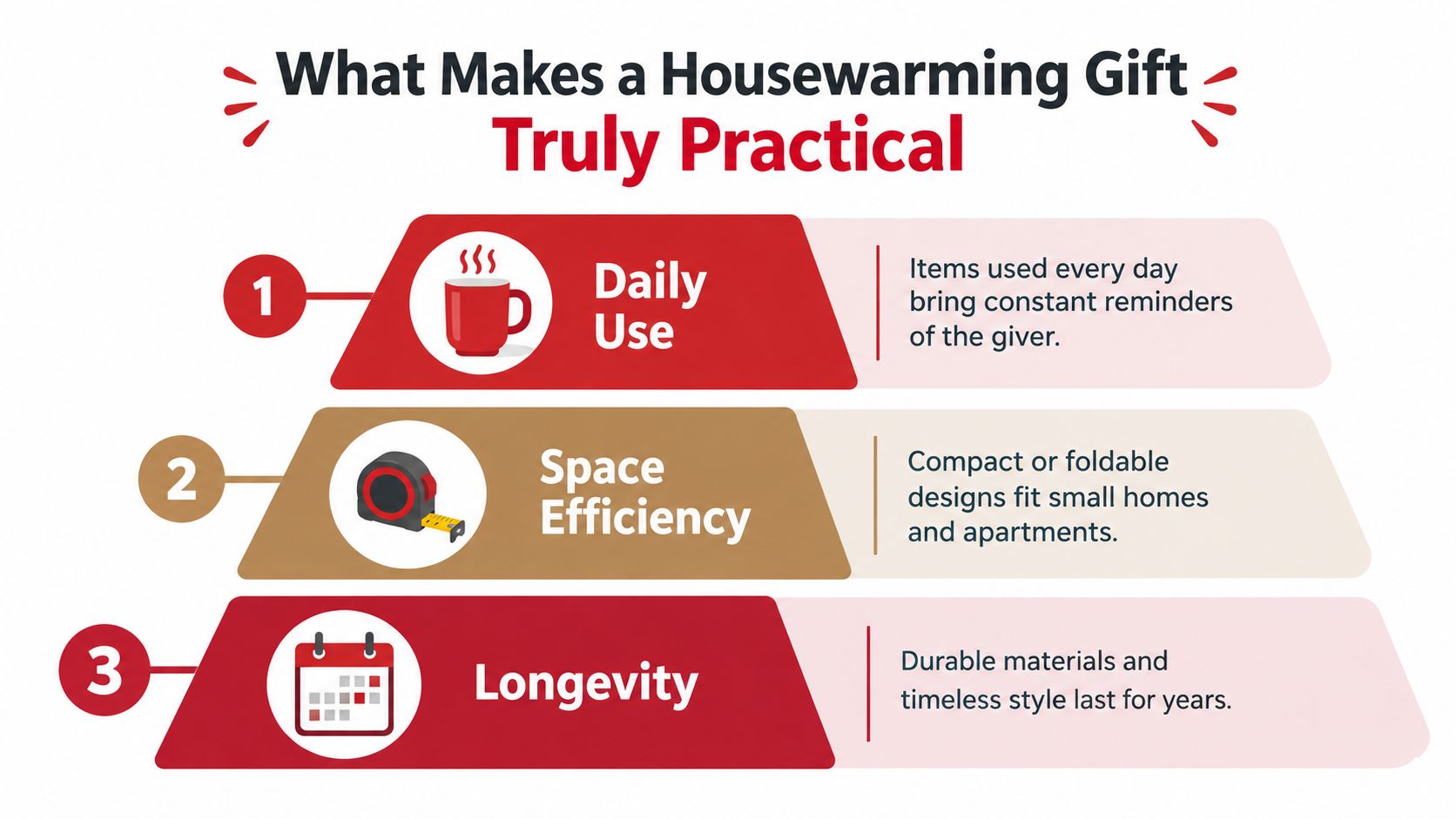 An infographic titled What Makes a Housewarming Gift Truly Practical showing three essential factors: daily use, space efficiency, and longevity.