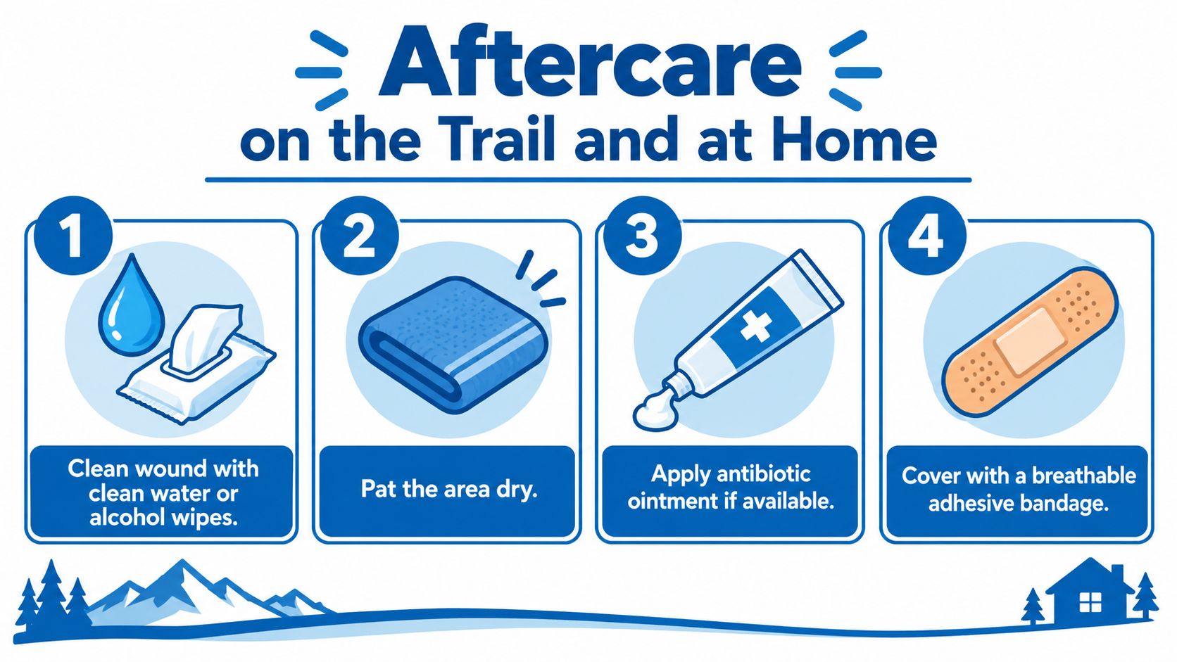A four-step infographic illustrating basic wound aftercare including cleaning, drying, applying ointment, and bandaging.