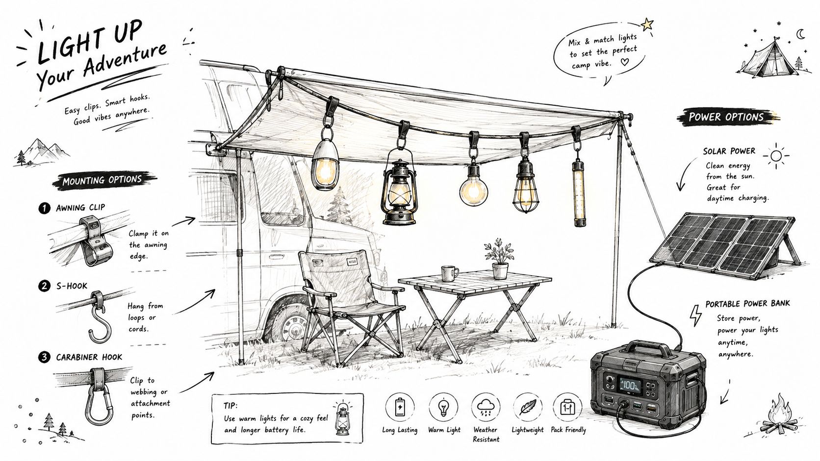 A detailed illustration showing various camping lights hung from a van awning with power options like solar panels.