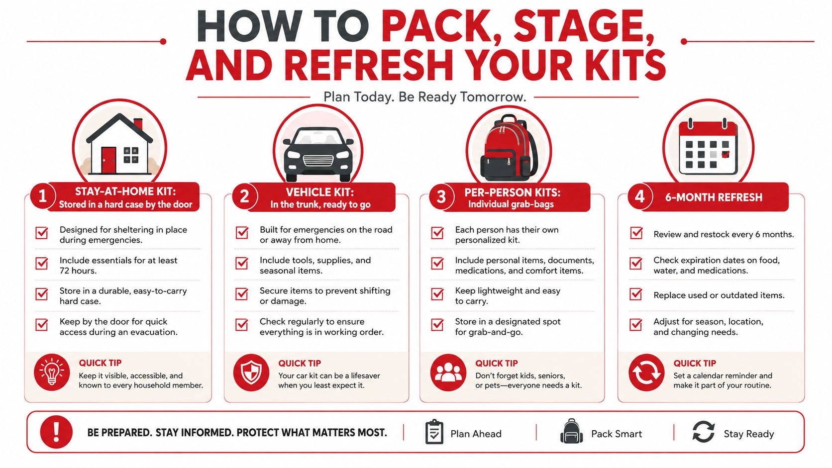 An instructional infographic detailing how to pack, store, and refresh various emergency preparedness kits for safety.
