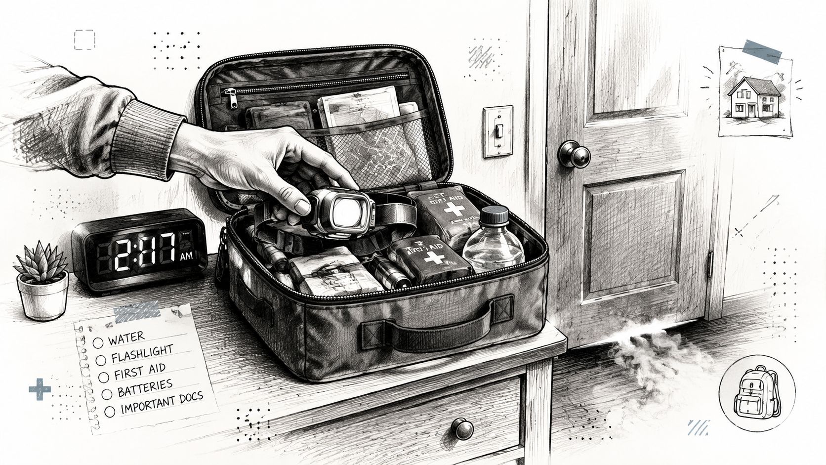 A hand reaching into an emergency survival kit bag sitting on a wooden table at night.