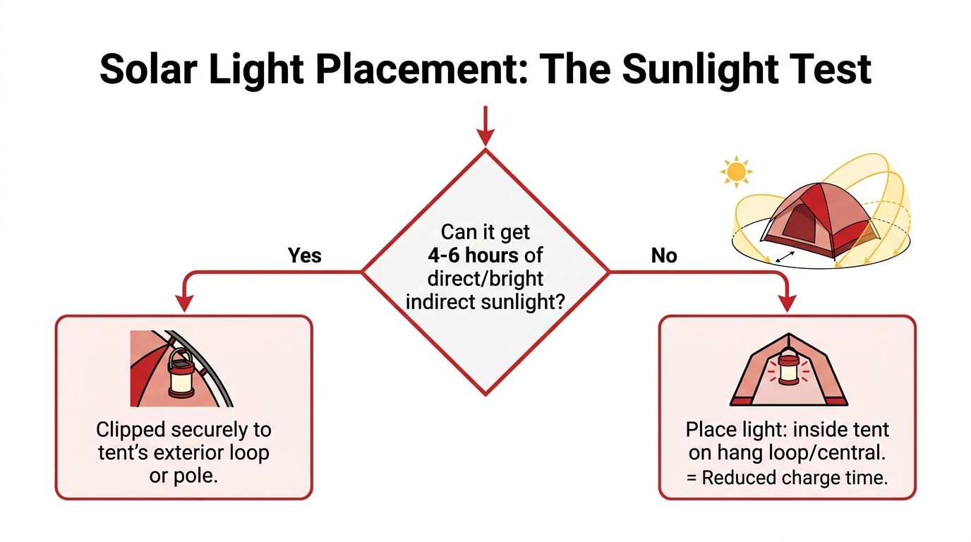 A flowchart explaining how to determine the optimal placement for solar lights on a camping tent.
