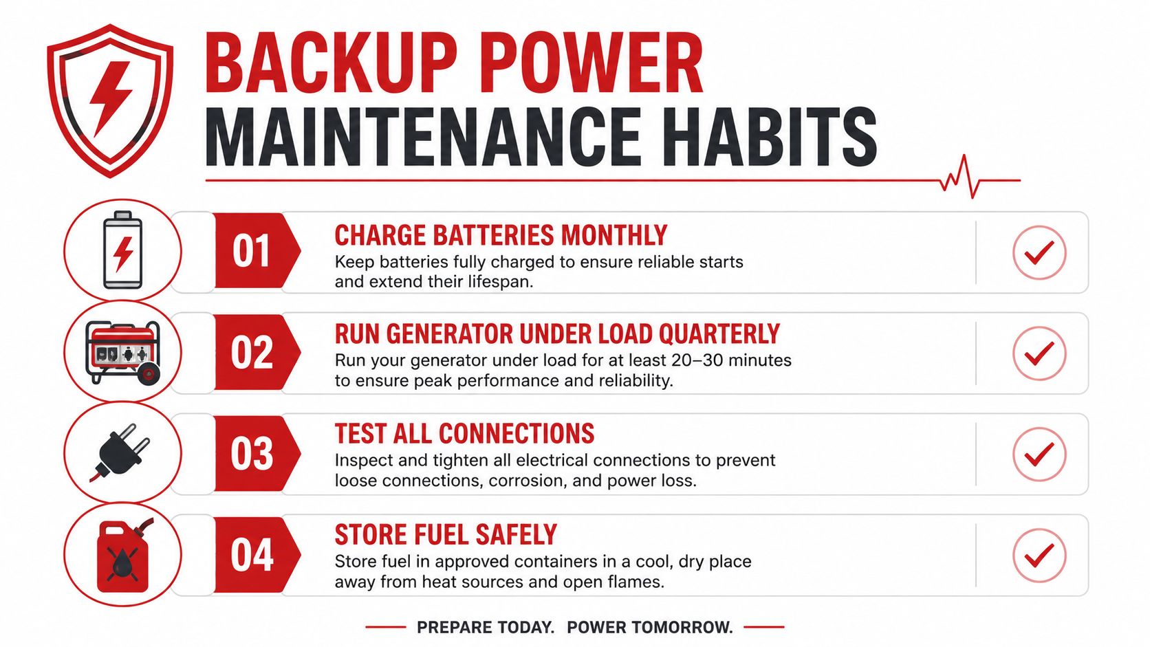 An infographic titled Backup Power Maintenance Habits listing four essential steps for generator and battery care.