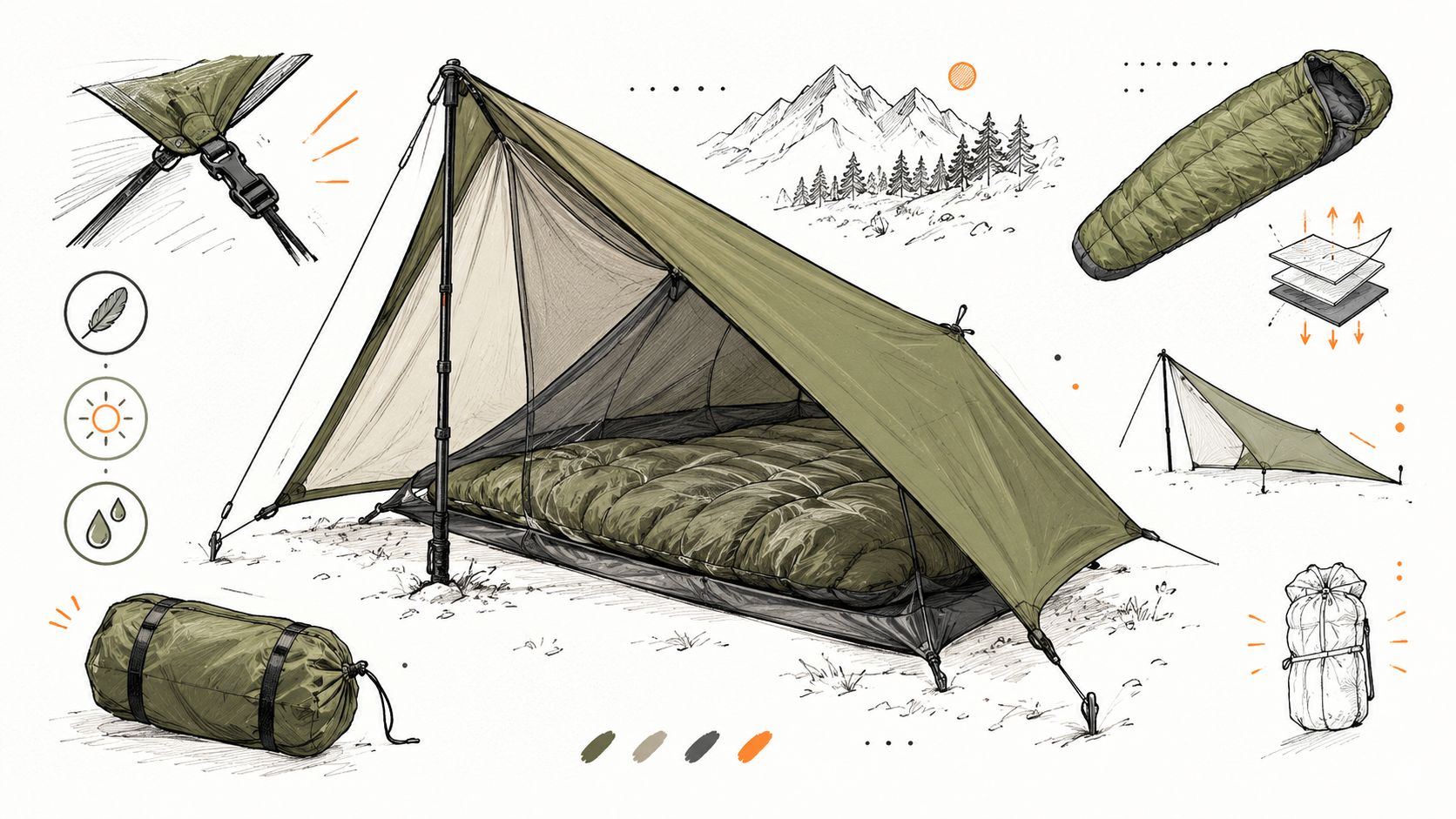 A detailed technical illustration of lightweight camping gear including a tent, sleeping bag, and storage packs.