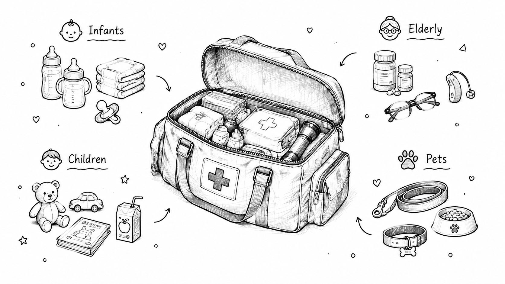 A line drawing illustration showing an emergency preparedness kit organized with specific items for infants, children, elderly, and pets.