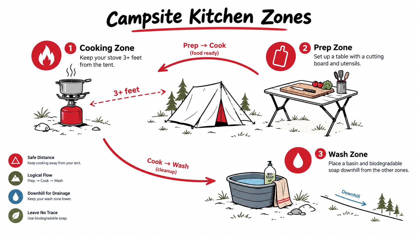 A diagram illustrating three campsite kitchen zones: cooking, preparation, and washing for safe outdoor food management.