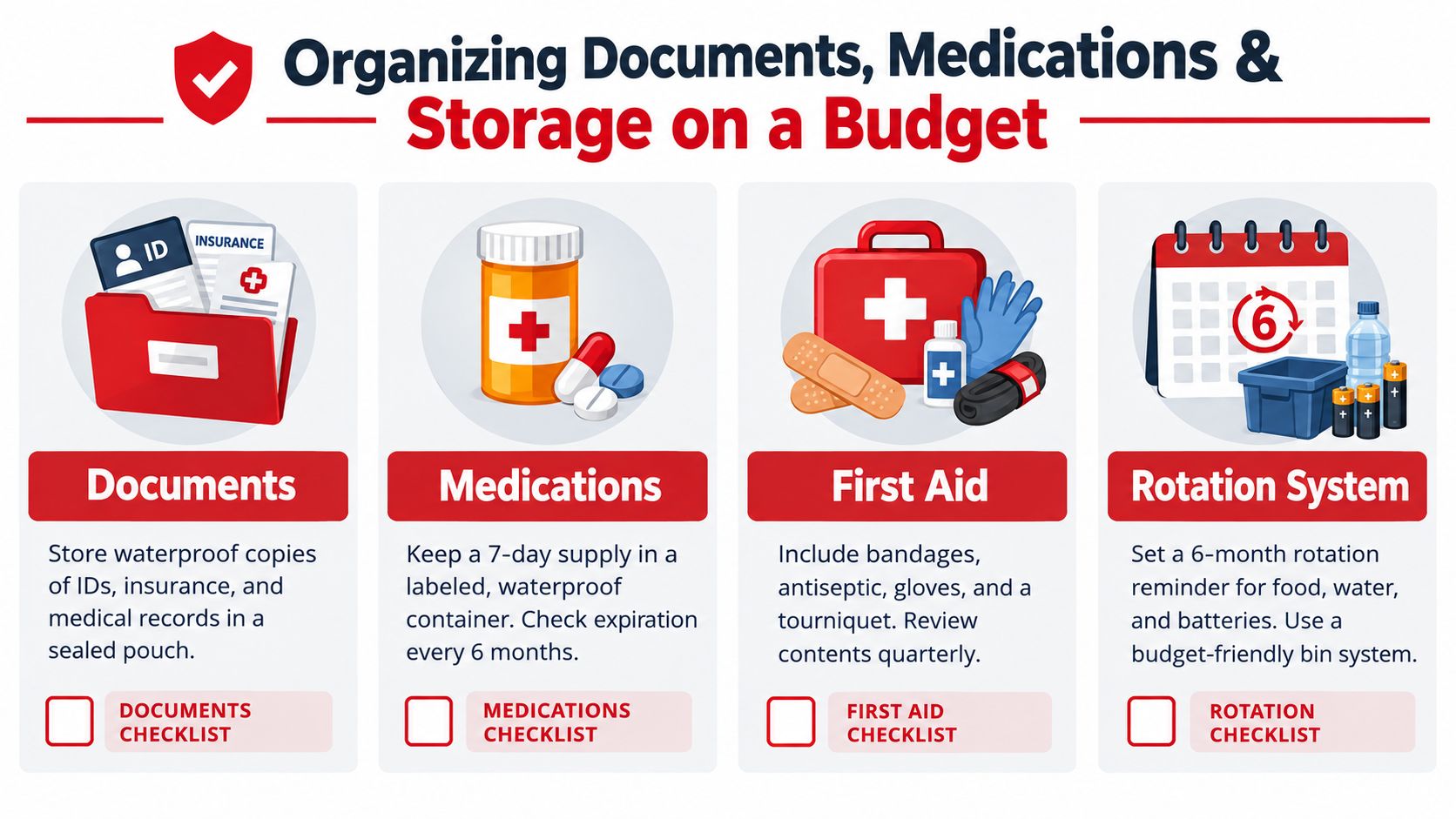 A visual guide for organizing emergency documents, medications, first aid supplies, and food rotation systems on a budget.