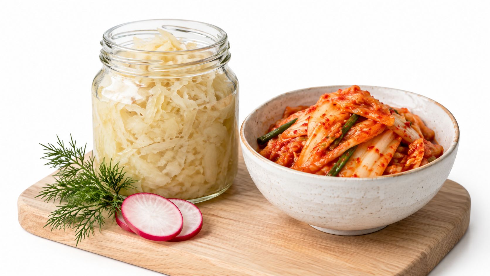 A glass jar of sauerkraut and a bowl of kimchi served on a wooden cutting board