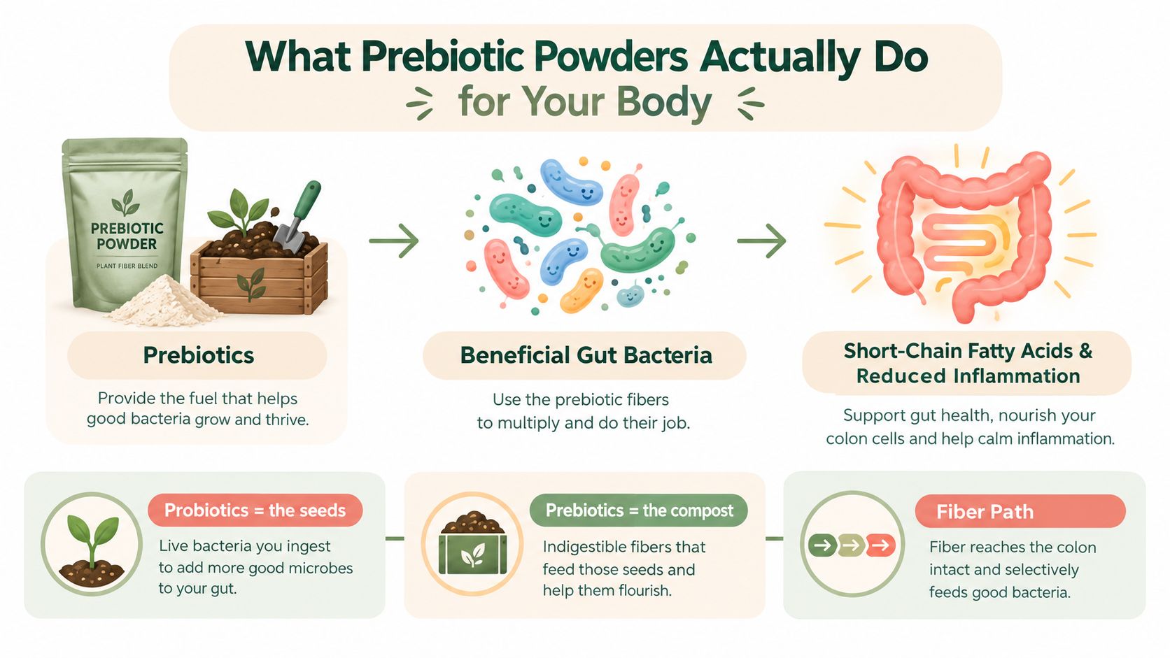 An infographic explaining how prebiotic powders support gut health, beneficial bacteria, and reduce inflammation in the body.