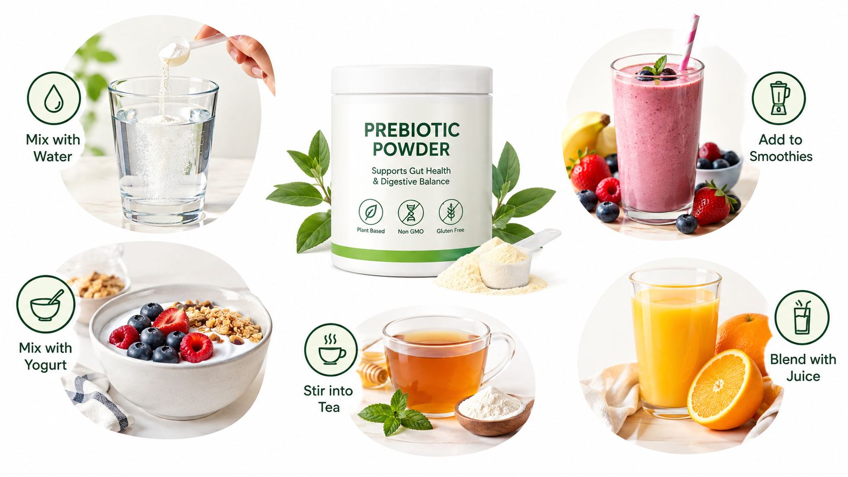 A container of prebiotic powder surrounded by images showing different ways to use it, including mixing with water, smoothies, yogurt, tea, and juice.