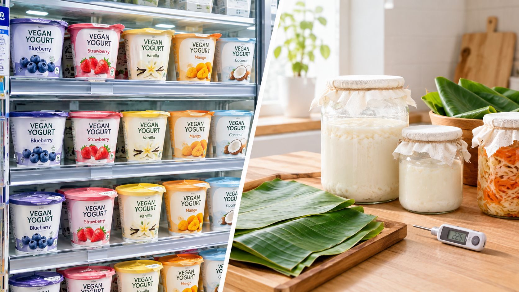 A split screen comparing store-bought vegan probiotic yogurt containers with homemade fermented dairy in glass jars.