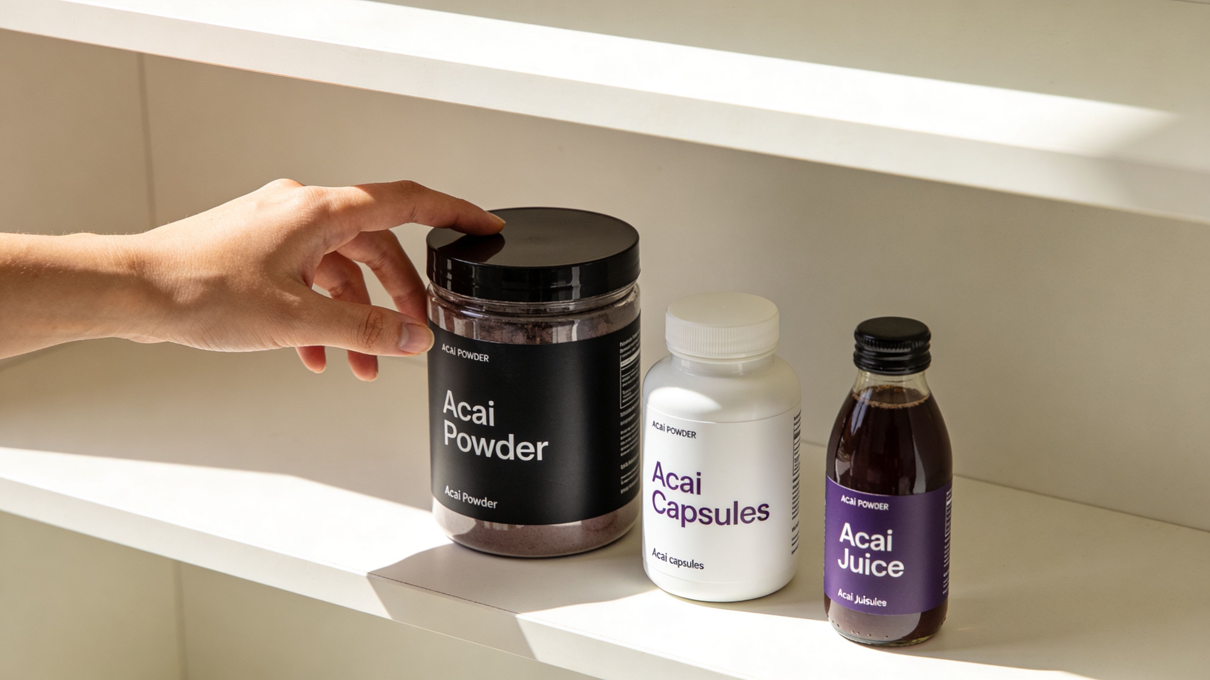 A hand reaches for a jar of acai powder next to bottles of acai capsules and juice.