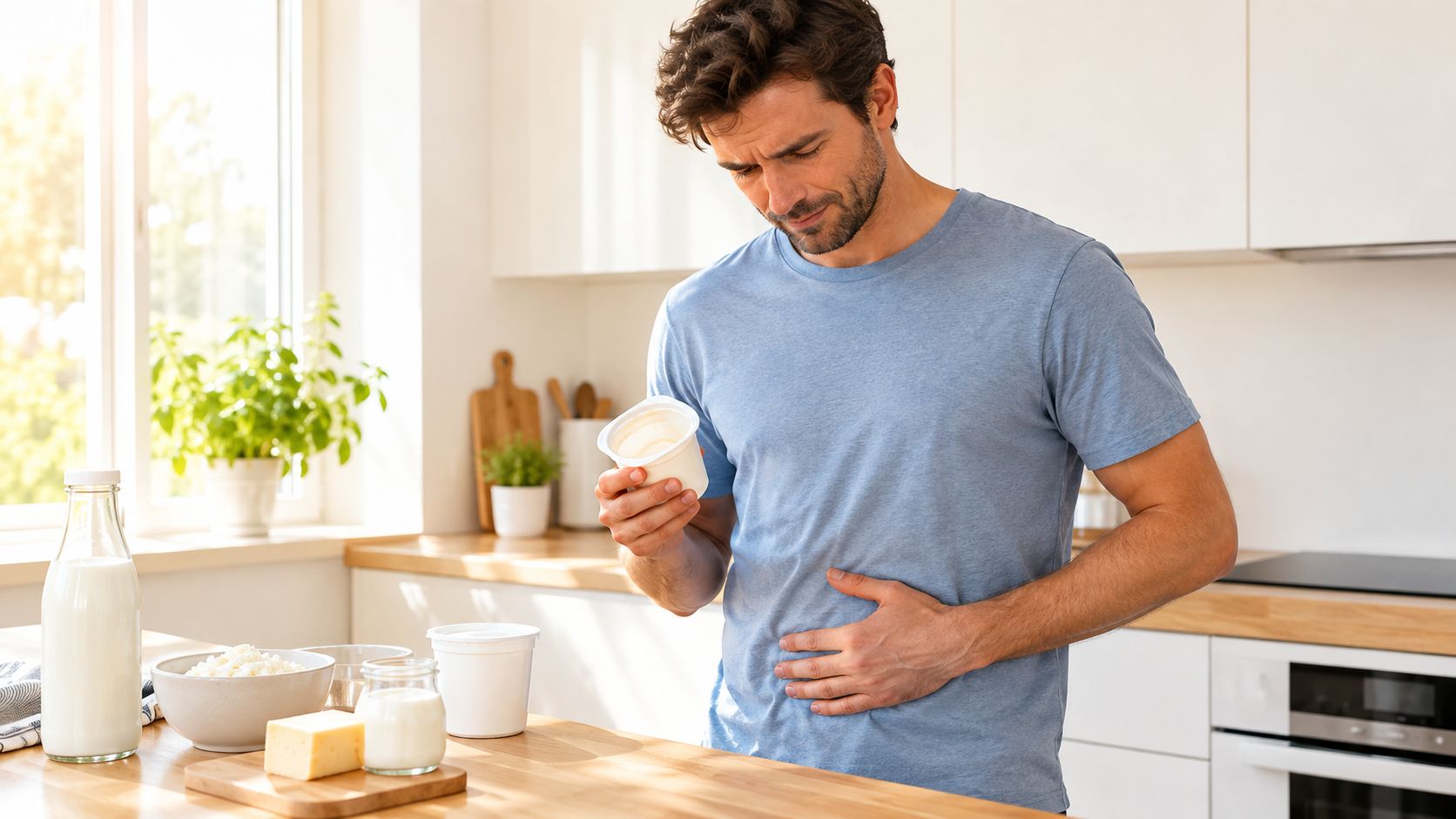 A man in a blue t-shirt holding a yogurt container while suffering from a stomach ache in kitchen.