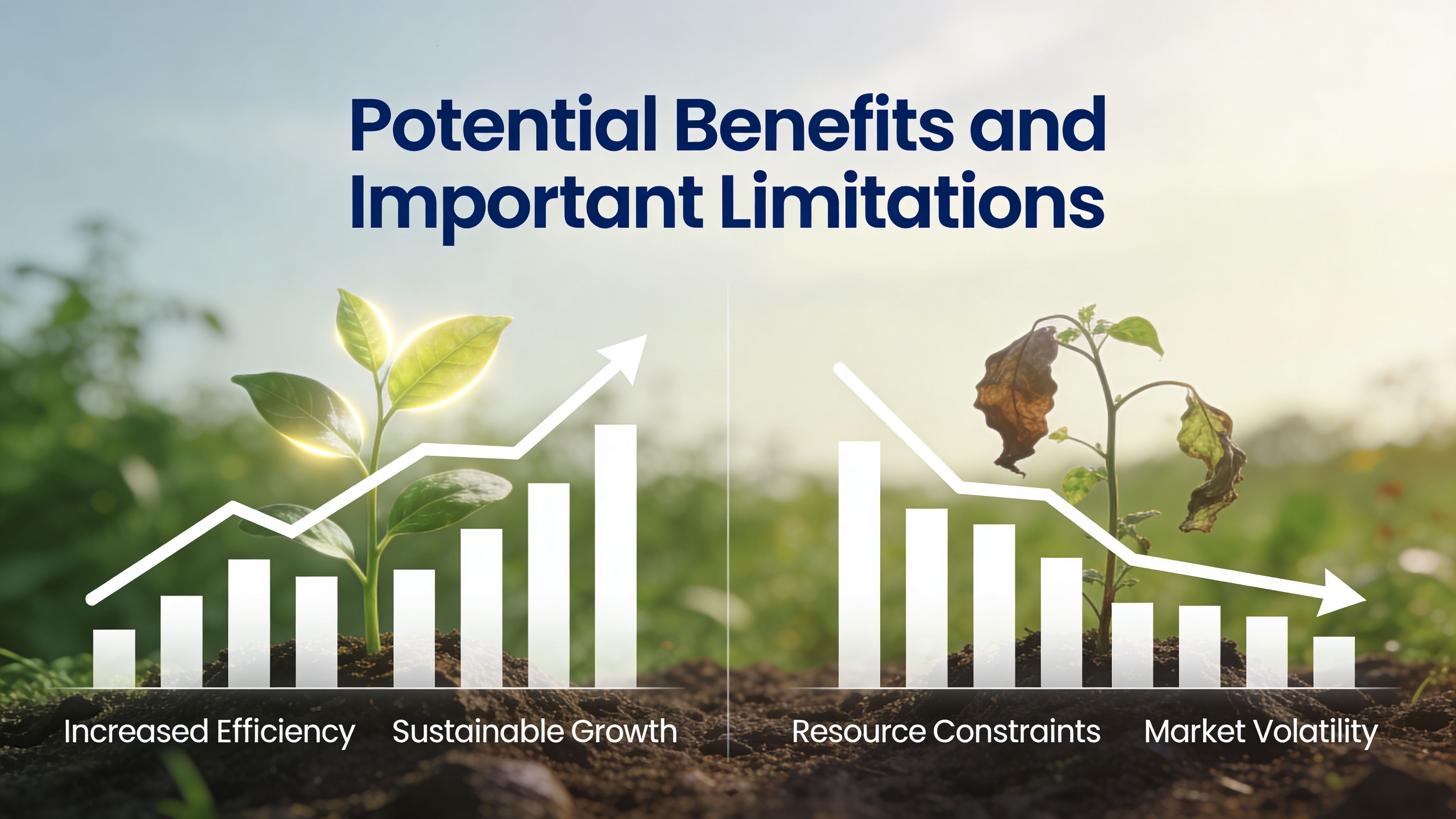 Visual comparison between positive growth represented by a healthy plant and negative decline using a wilting plant.