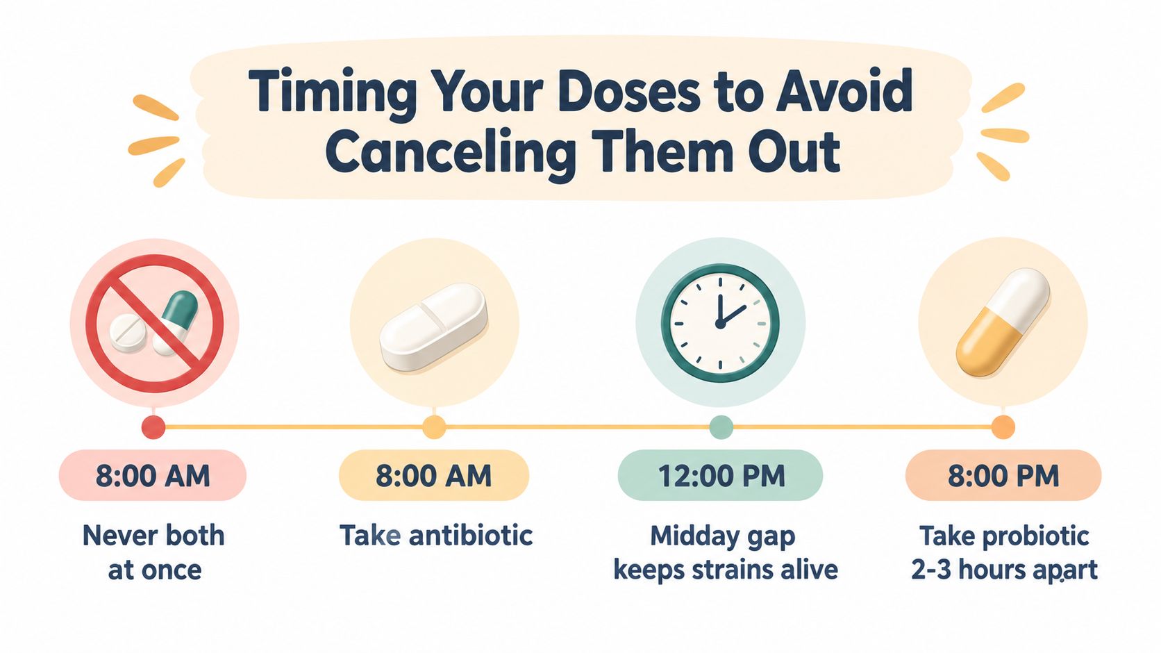 A timeline showing how to space out doses of antibiotics and probiotics to avoid canceling them out.