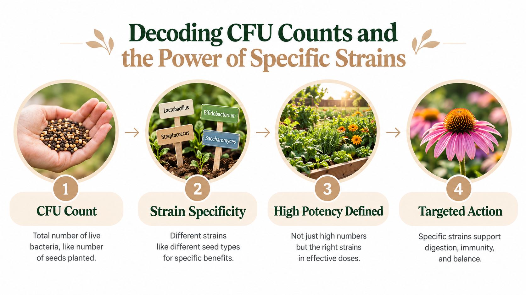 An infographic showing the four stages of understanding probiotic quality, from CFU count to targeted health actions.