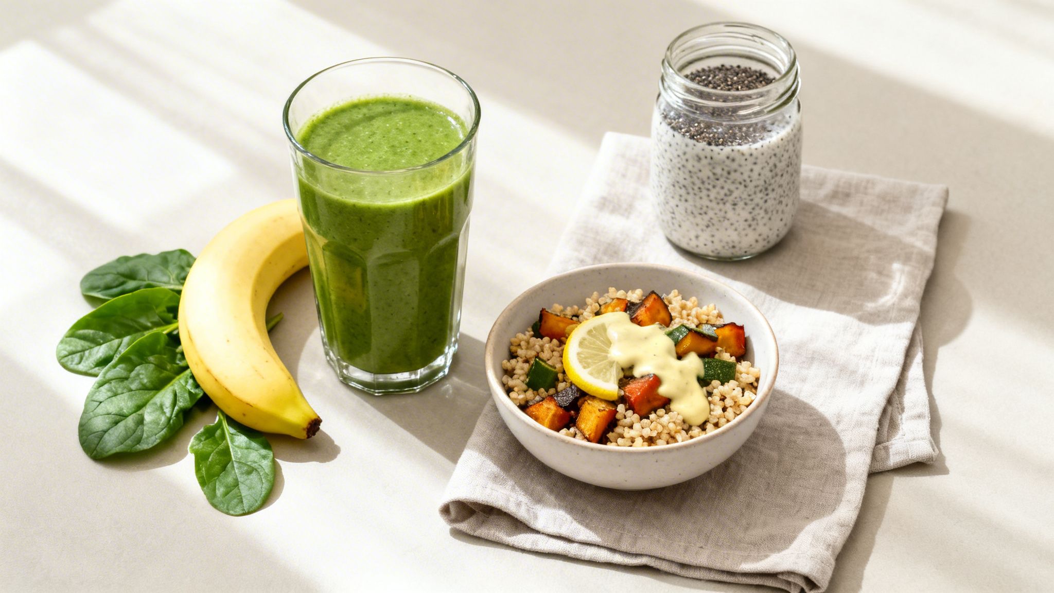 A healthy breakfast spread featuring a green smoothie, banana, spinach, grain bowl, and chia pudding.