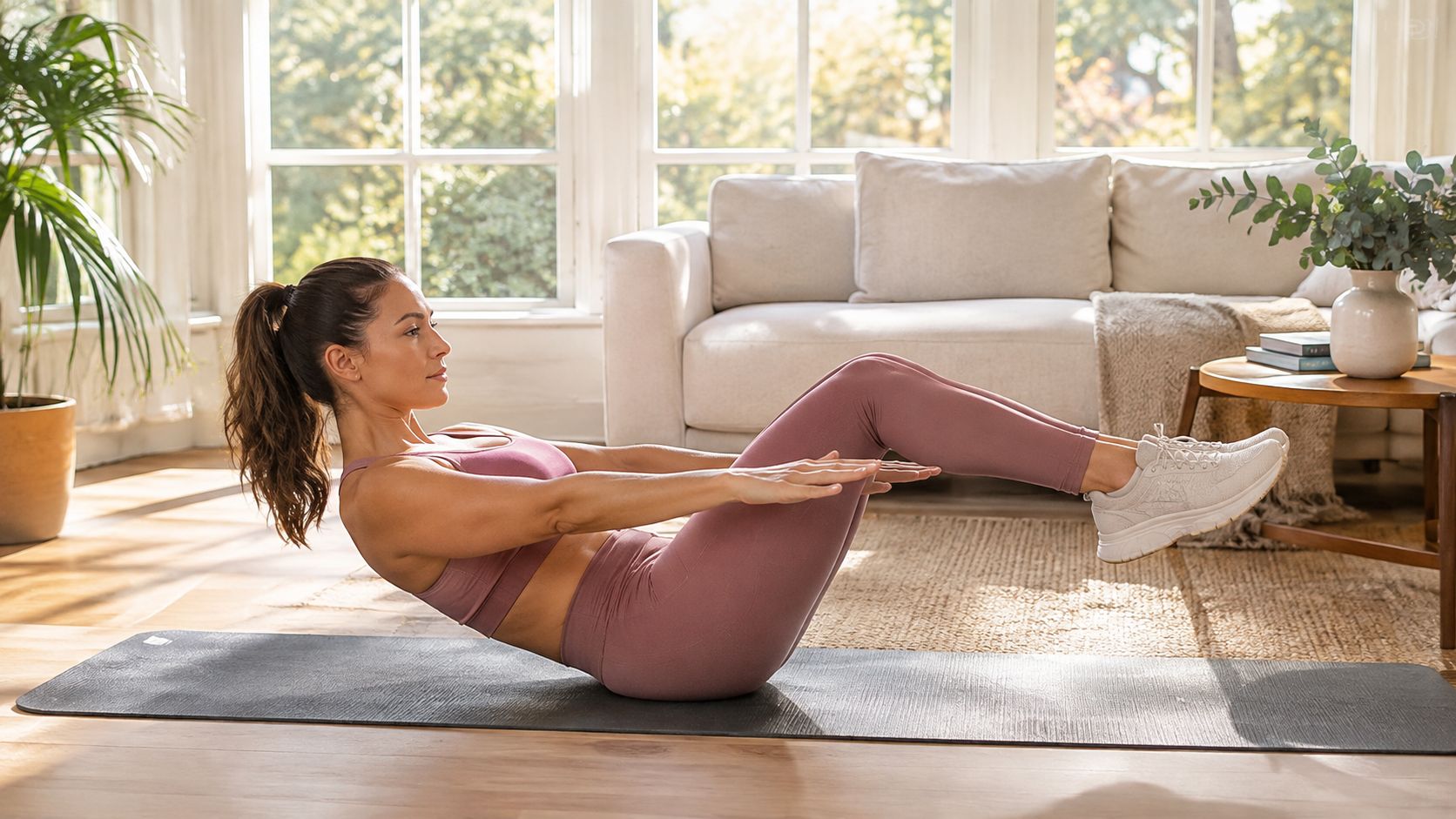 A woman performing a core strength exercise known as the boat pose on a yoga mat.