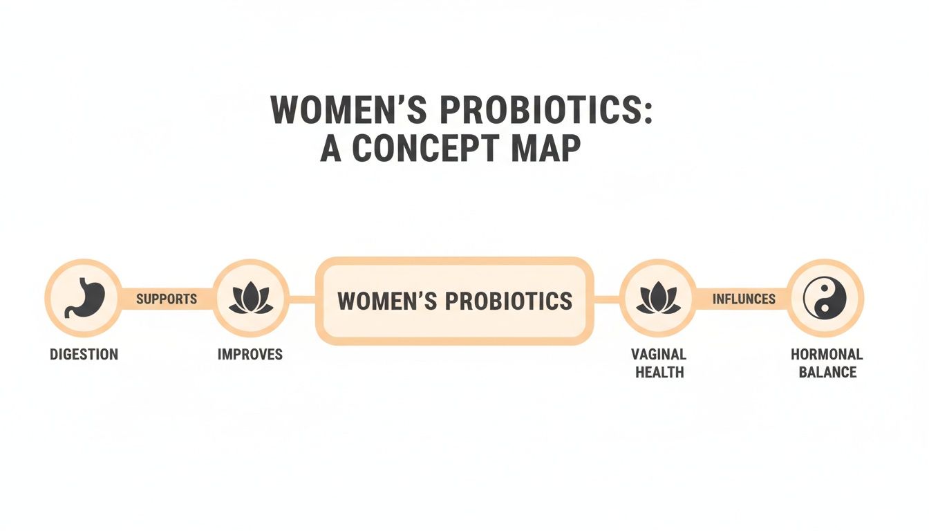 Concept map illustrating women's probiotics supporting digestion, improving vaginal health, and influencing hormonal balance.