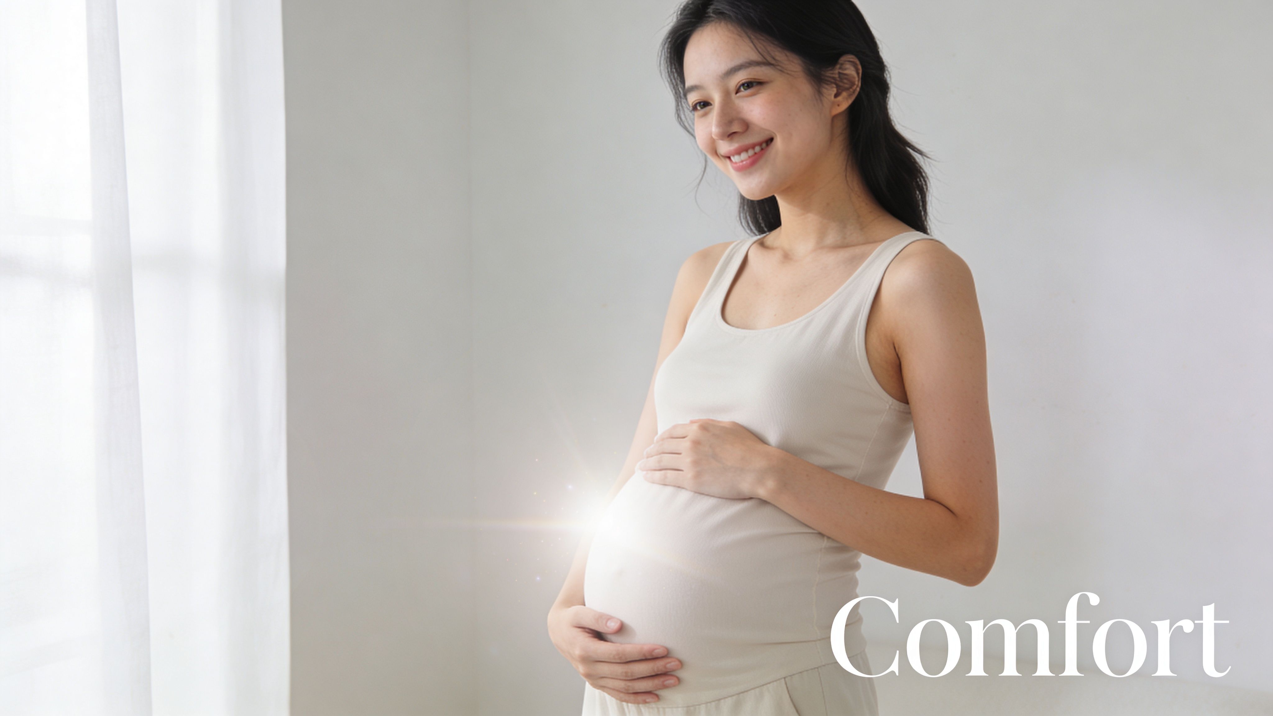 A smiling pregnant woman cradling her belly in a bright room, symbolizing gentle comfort and maternal health.