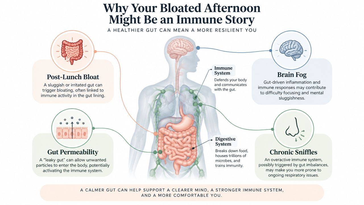 An infographic illustrating how gut health impacts the immune system, brain function, and common bodily discomforts.