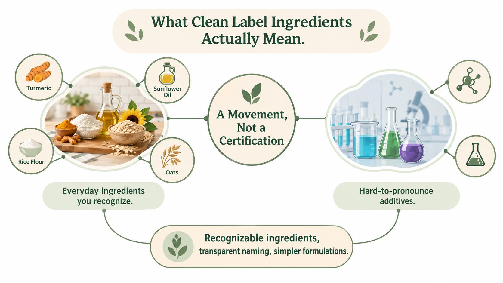 A visual explanation of clean label ingredients highlighting natural foods versus synthetic, hard-to-pronounce chemical additives.