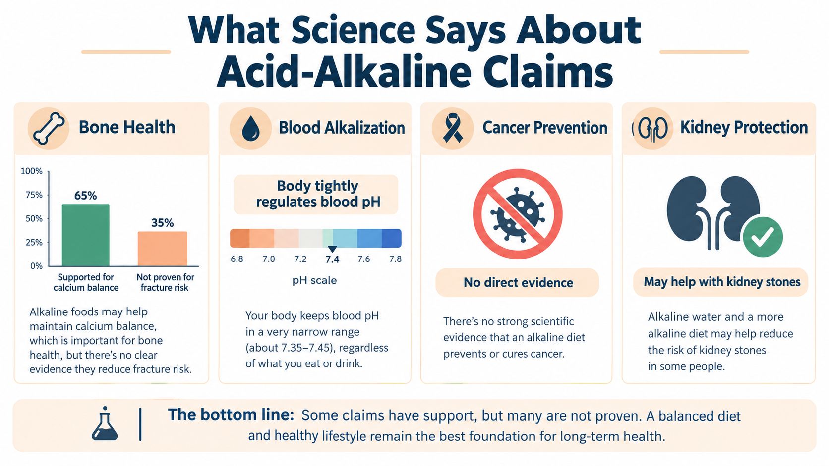 An infographic summarizing scientific perspectives on the health impacts of acid-alkaline dietary claims for various body functions.