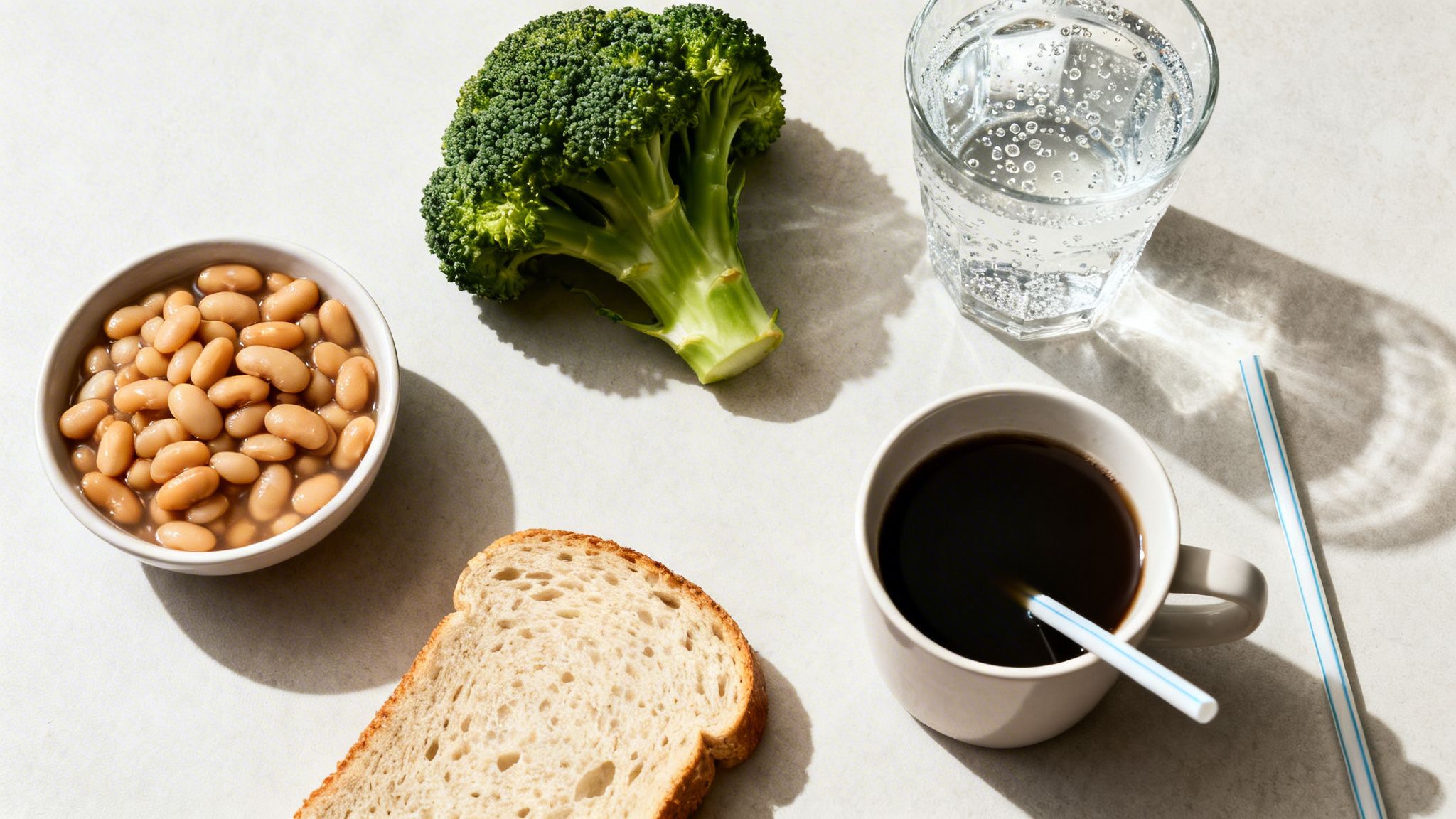 A top-down view of a healthy meal spread with beans, broccoli, bread, sparkling water, and coffee.