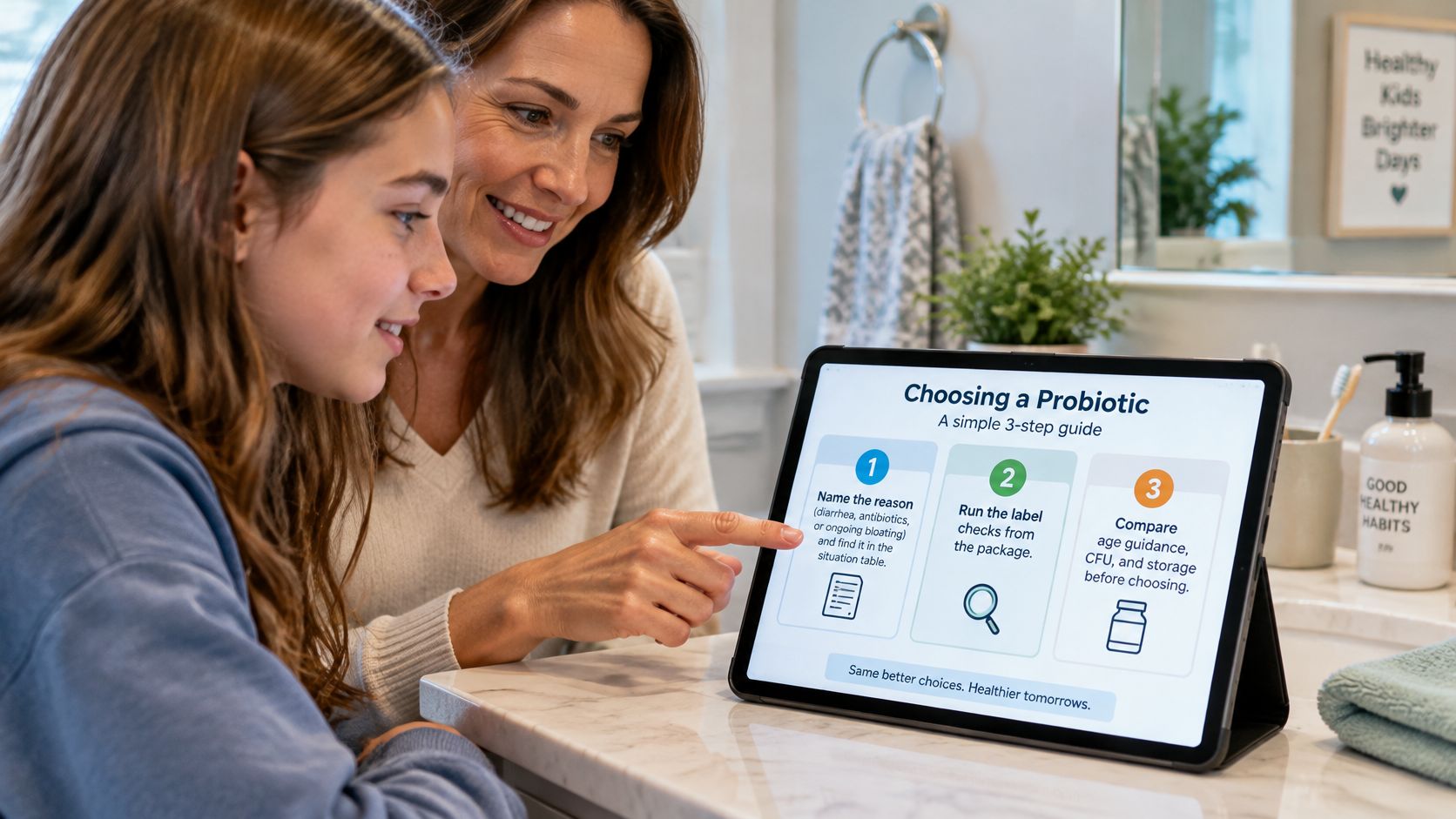 A mother and daughter looking at a tablet together displaying a three-step guide for choosing probiotics.