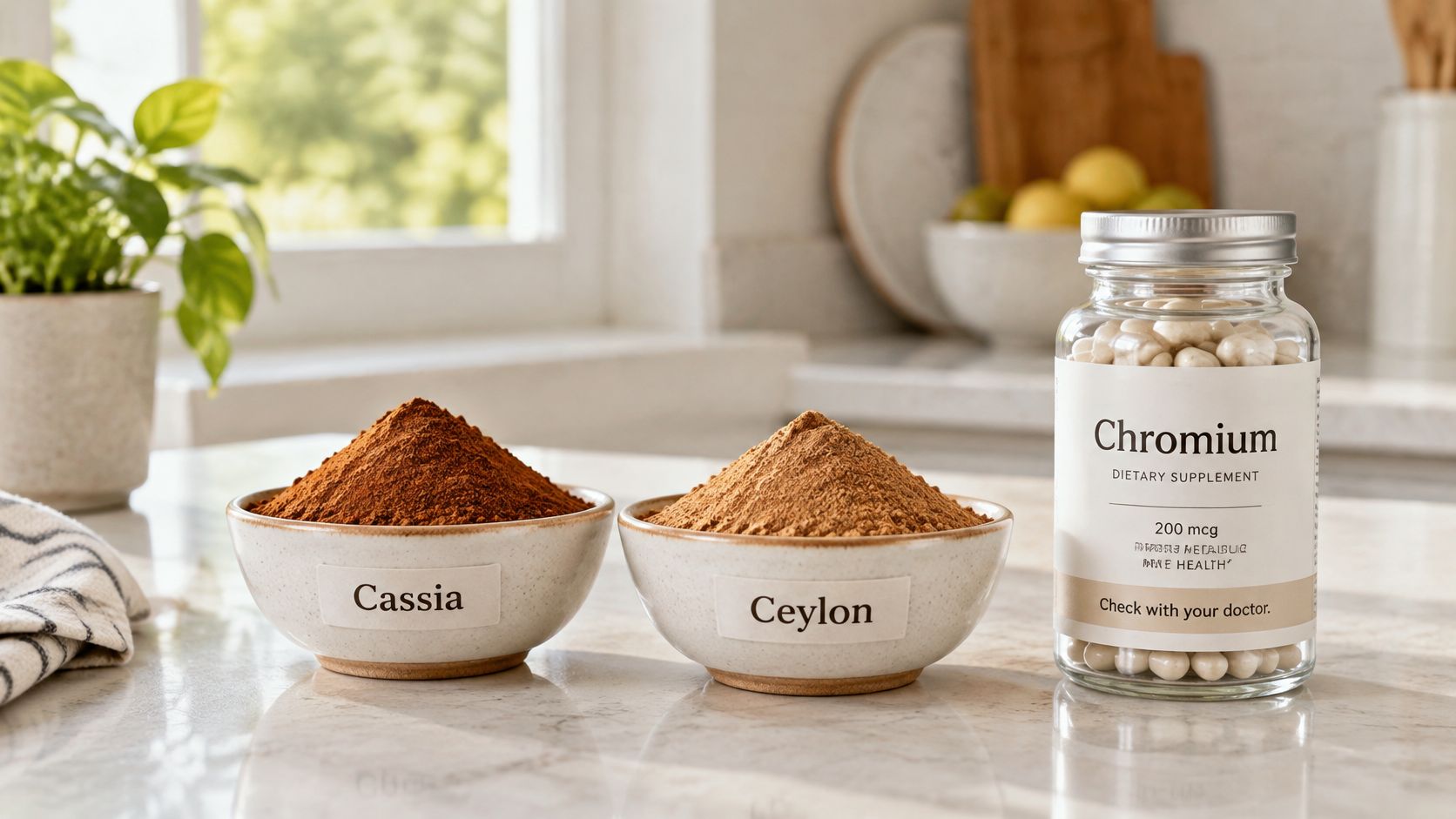 A kitchen counter displays two bowls of powdered cinnamon labeled Cassia and Ceylon next to a Chromium supplement bottle.