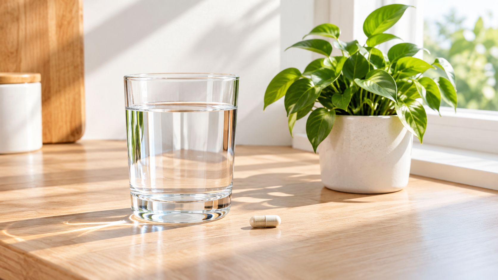 A glass of water sits next to a single white pill on a sunlit wooden kitchen counter.