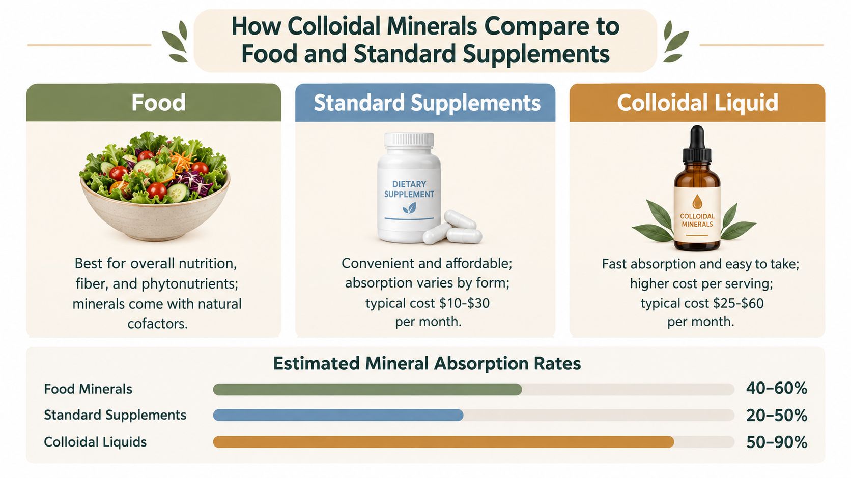 A comparison chart showing benefits, costs, and absorption rates of food, standard supplements, and colloidal minerals.