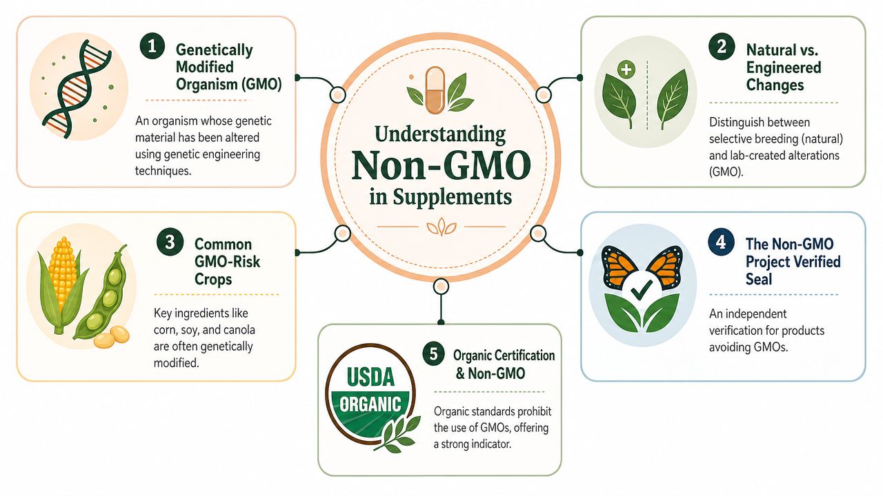 An infographic titled Understanding Non-GMO in Supplements, outlining five key points about genetically modified organisms and certifications.