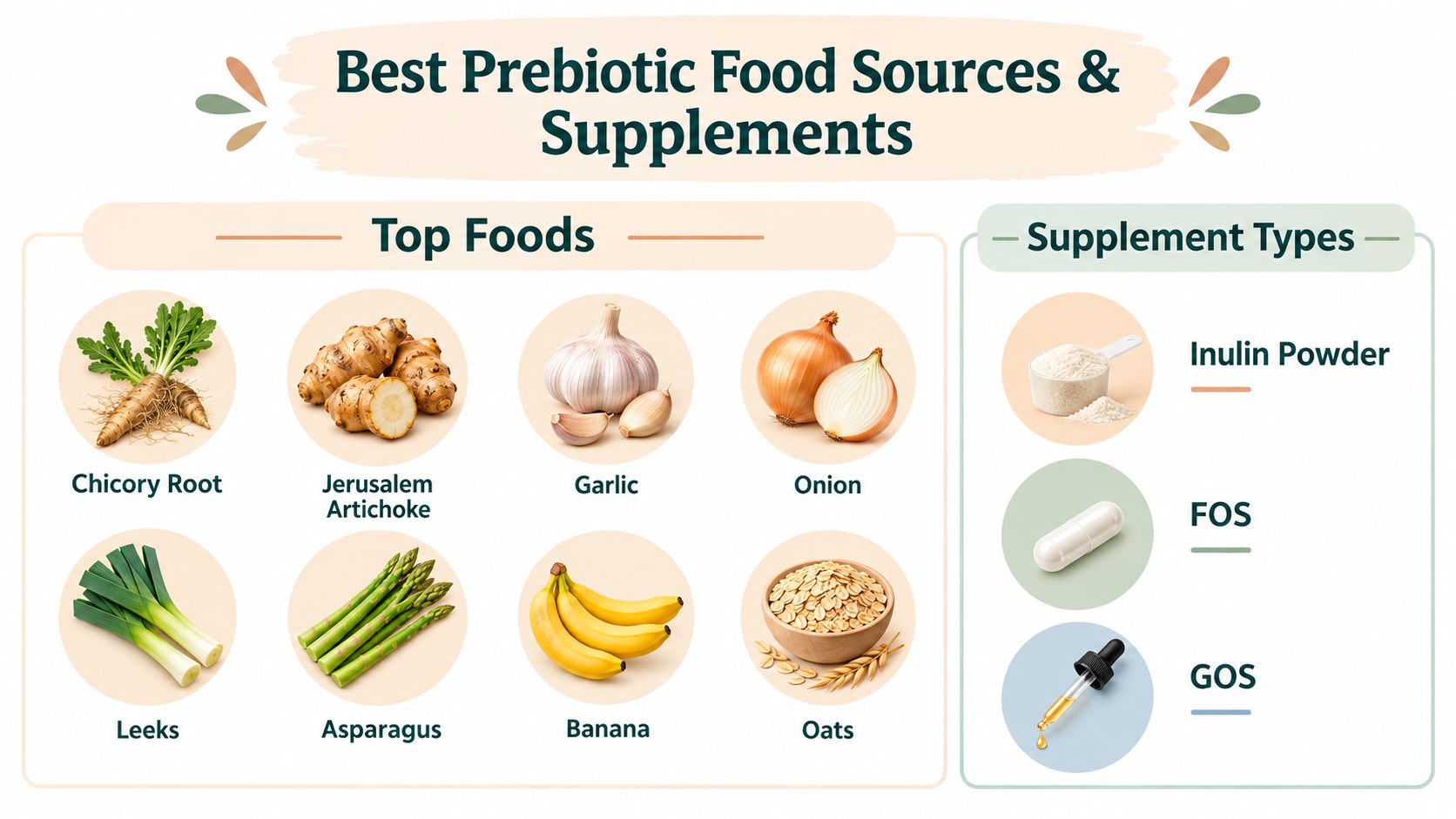 A visual guide showing various prebiotic food sources like chicory root, garlic, and onions alongside common supplement types.