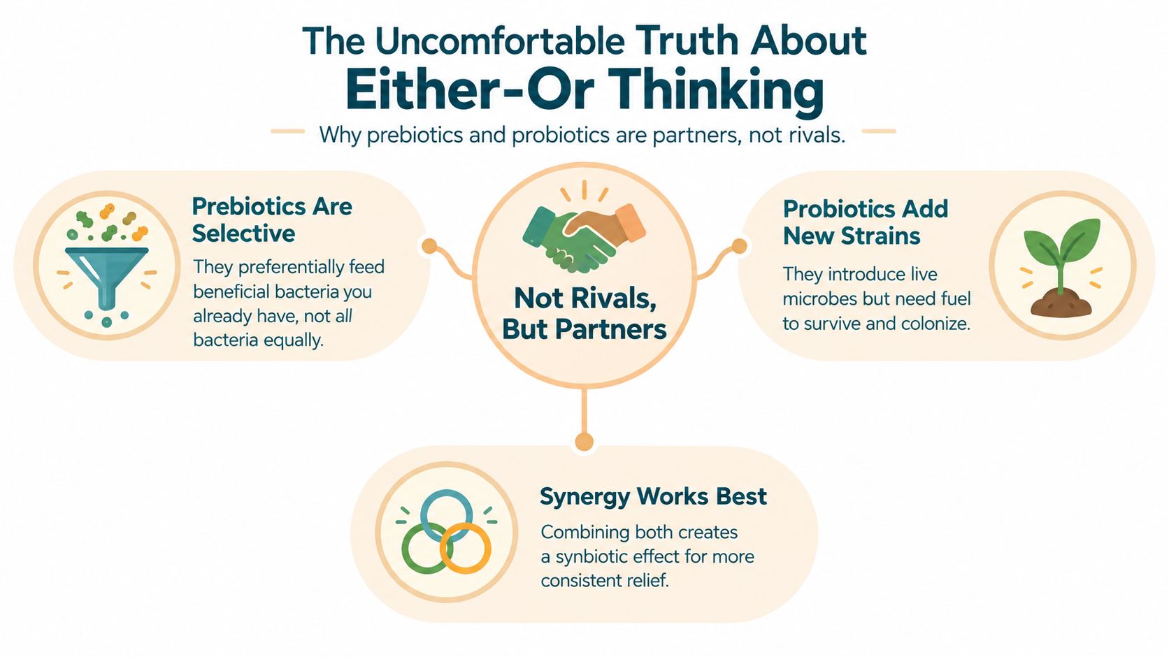 An infographic explaining how prebiotics and probiotics work together as partners rather than rivals for gut health.