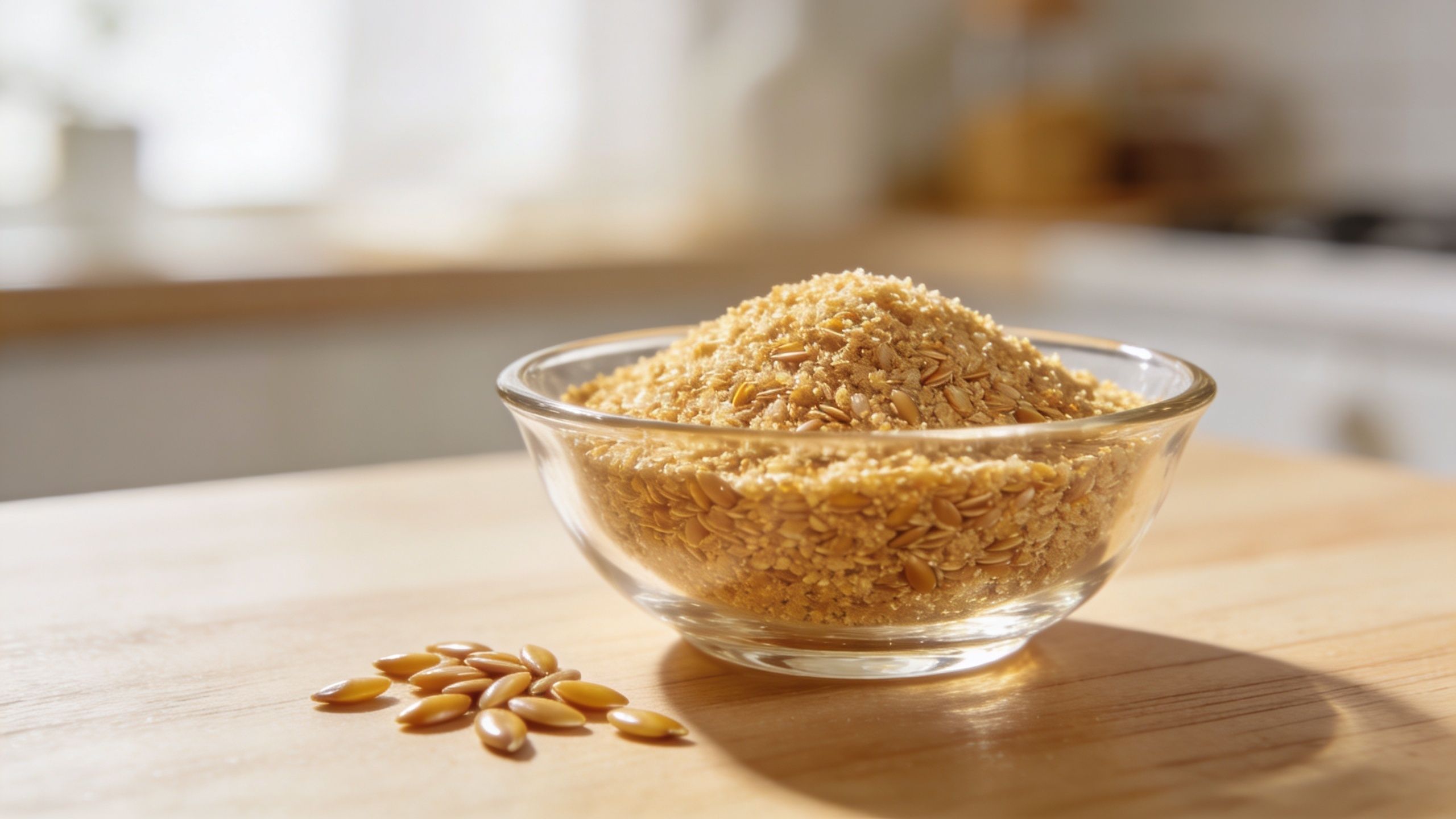 A glass bowl filled with golden flaxseed meal sitting on a wooden kitchen table with scattered seeds.