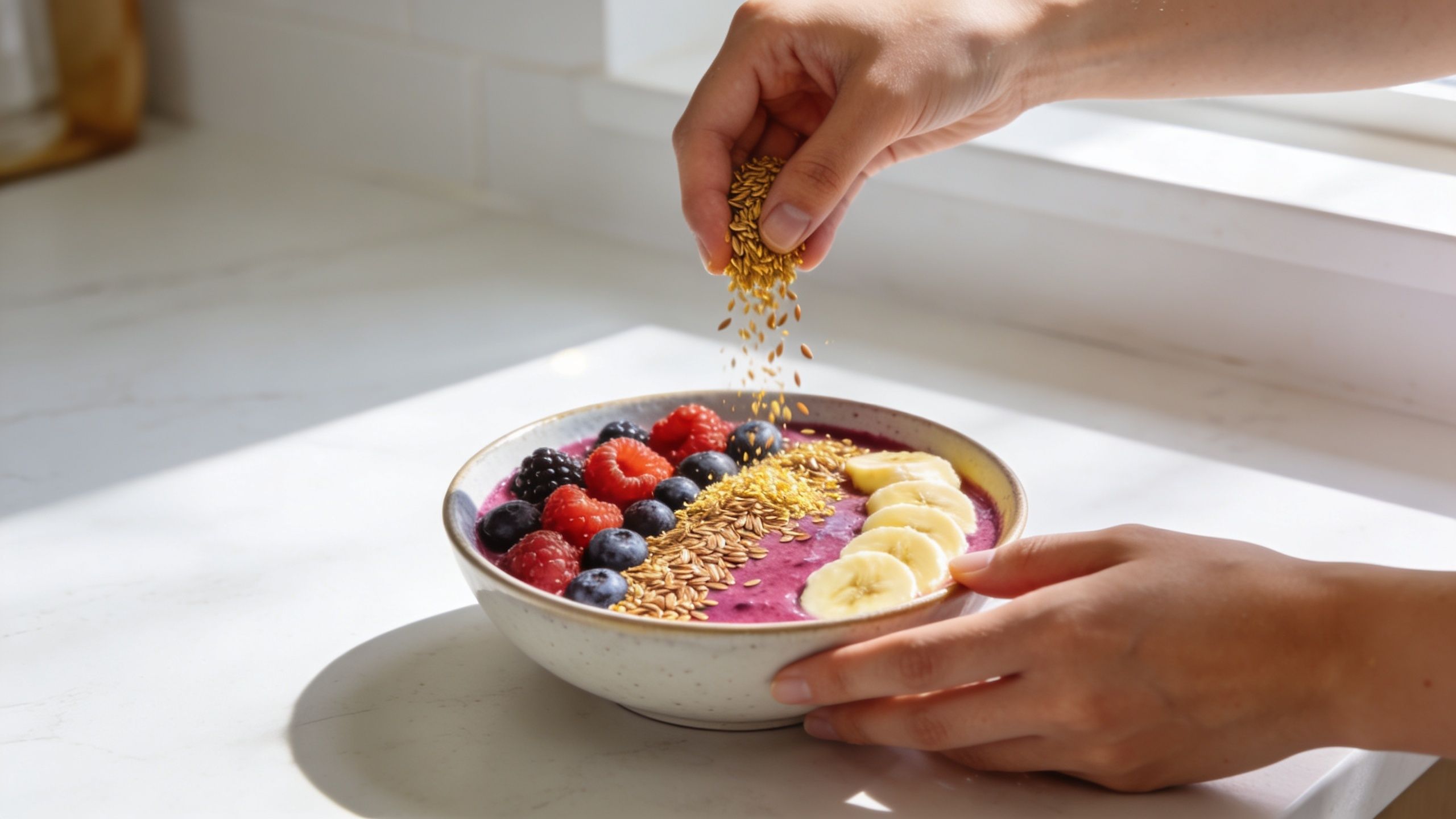 A pair of hands sprinkling golden flaxseed meal onto a colorful acai smoothie bowl with fruit.