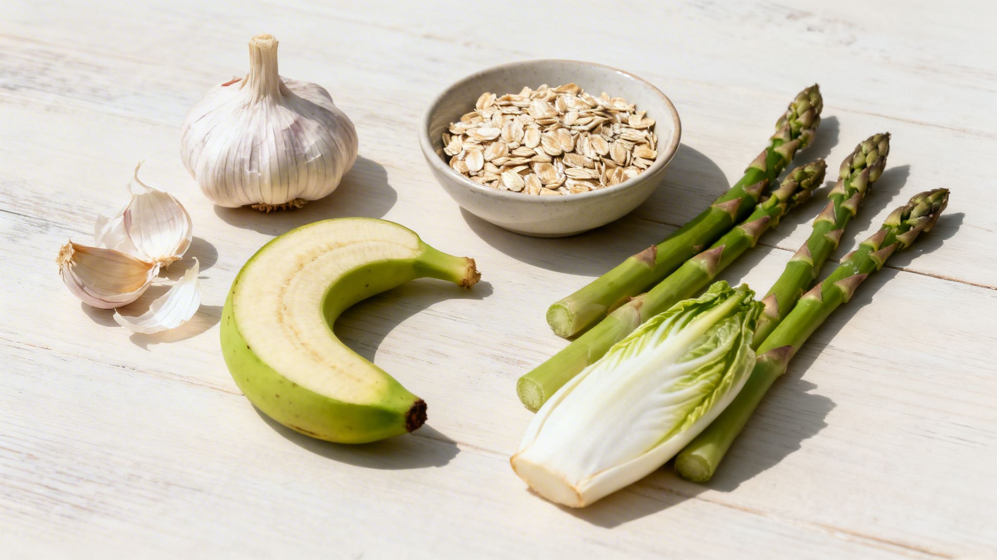 A selection of healthy food items including garlic, oats, banana, asparagus, and endive on a wooden surface.