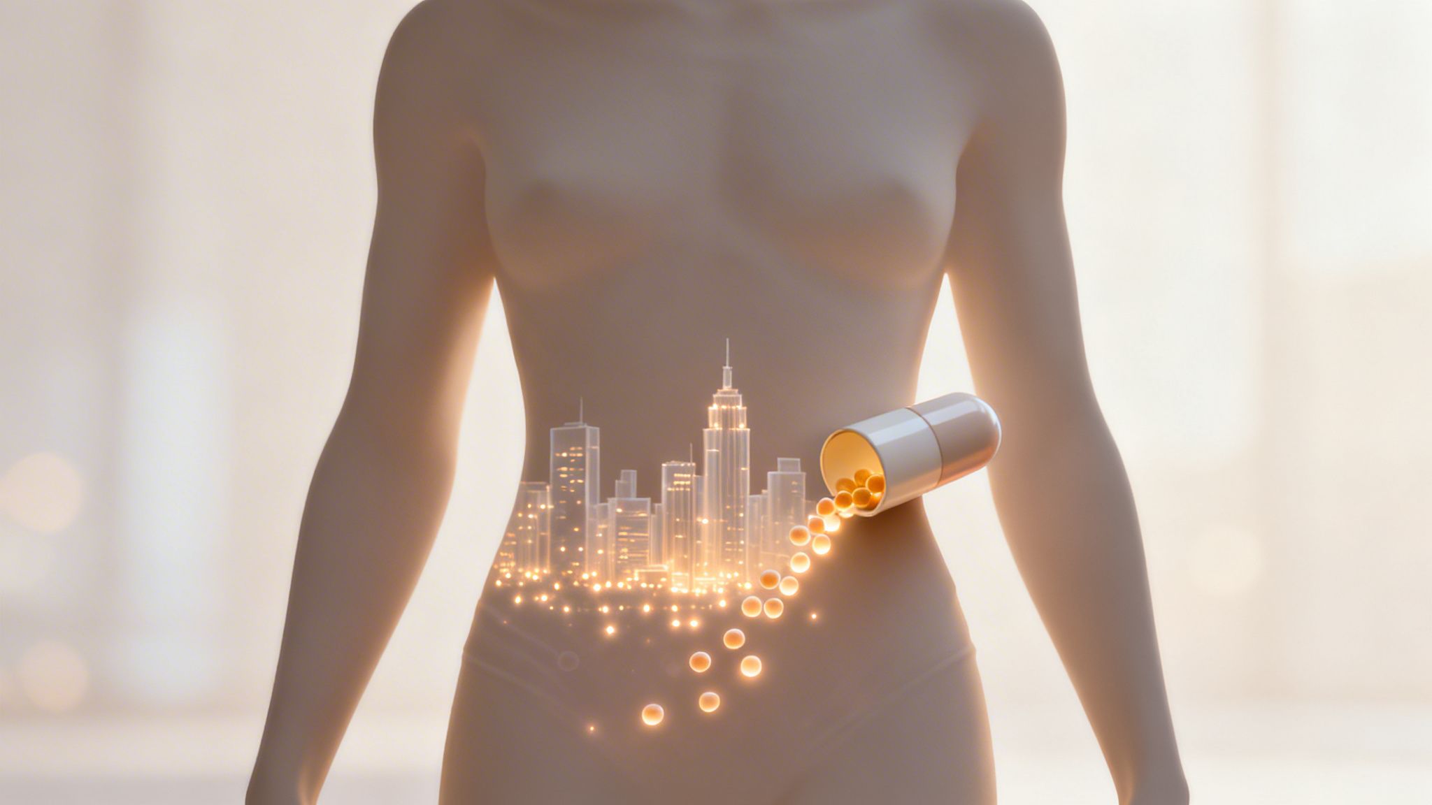 Translucent human torso revealing a glowing city skyline in the gut, with a capsule spilling beneficial probiotics.