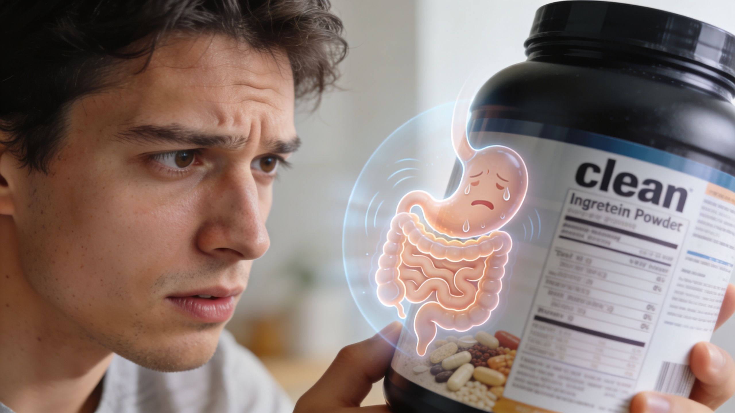 A concerned young man holds a tub of protein powder with a digital illustration of an upset stomach.