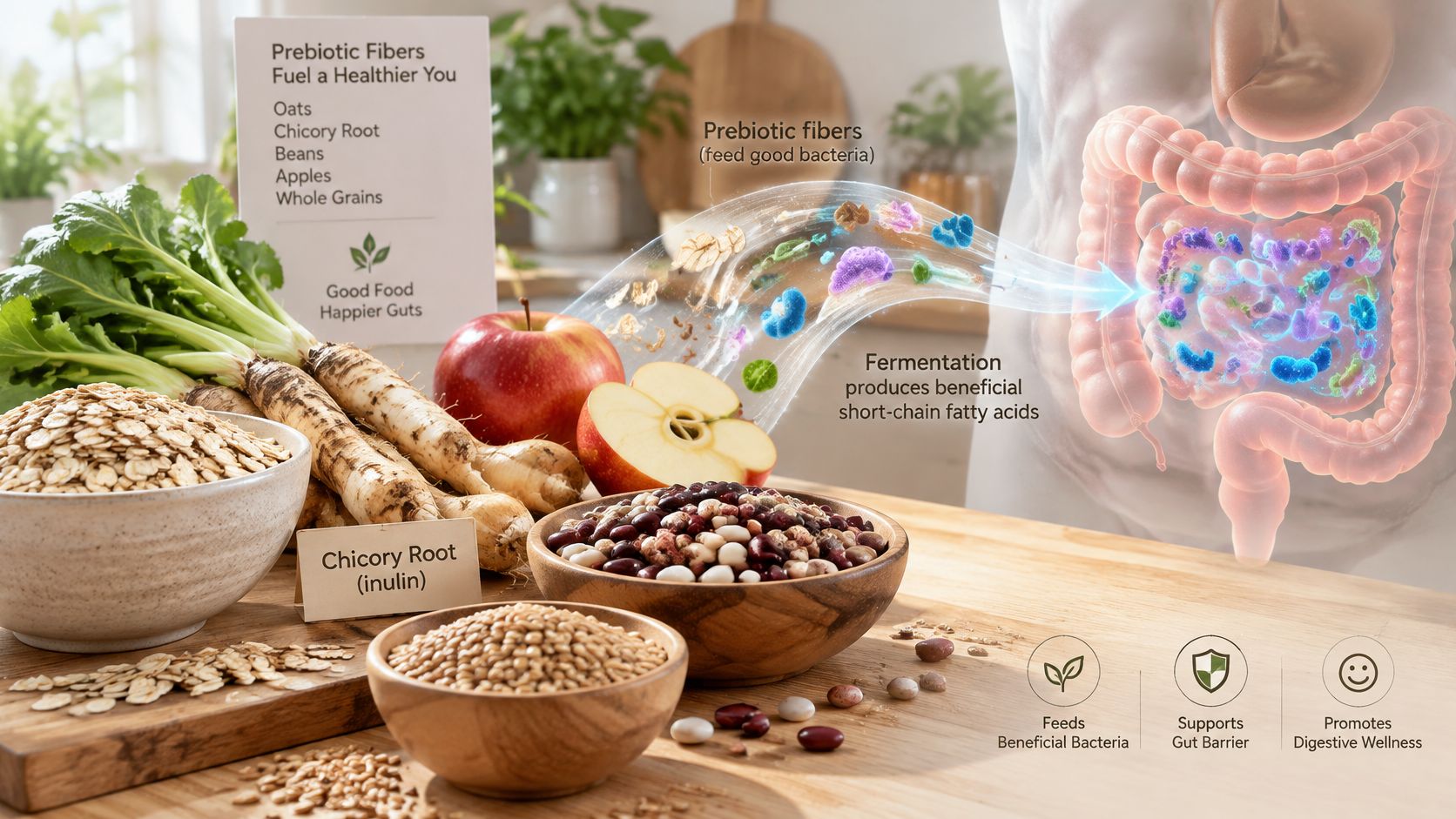 A healthy display of prebiotic-rich foods like oats, chicory root, and beans fueling gut bacteria.