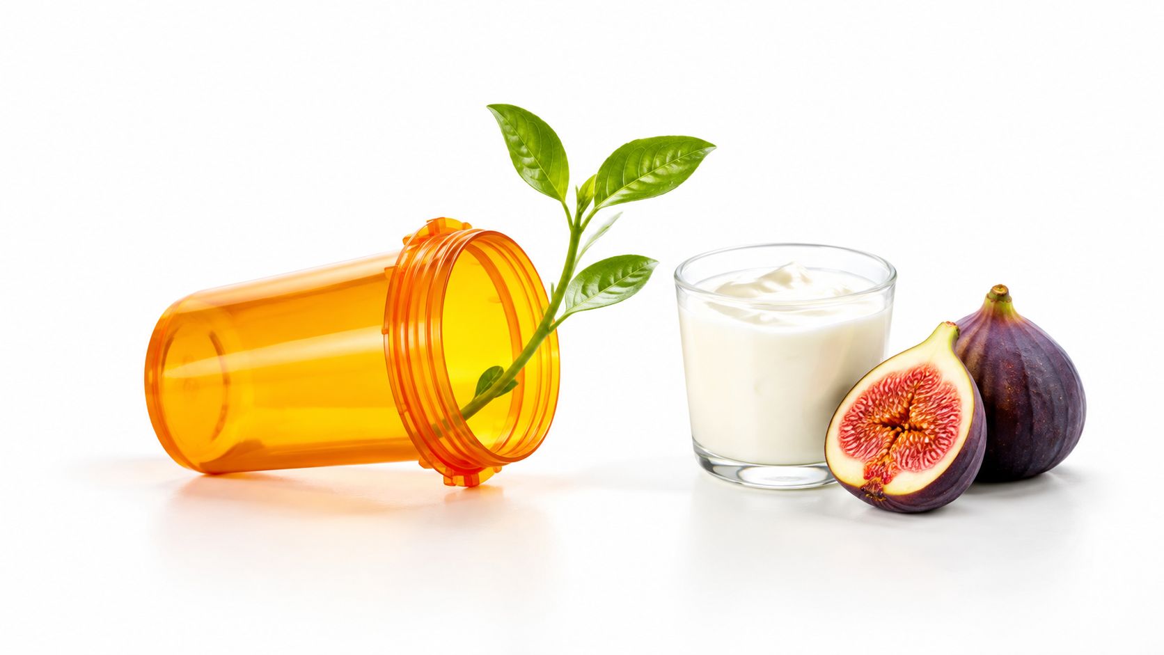 A conceptual image showing a plant growing from a pill bottle next to yogurt and fresh figs.