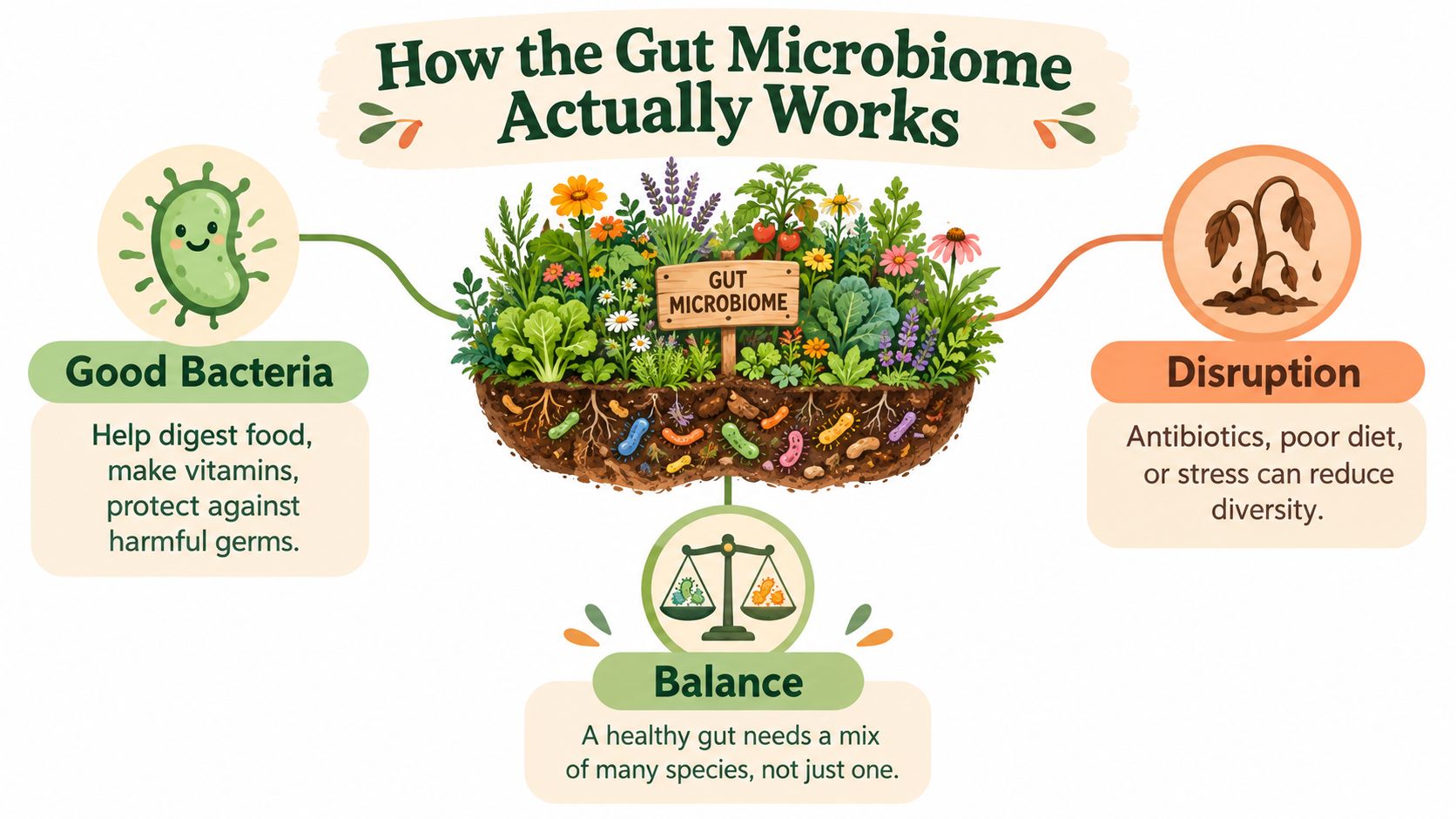An infographic showing the gut microbiome as a garden, illustrating good bacteria, balance, and the impacts of disruption.