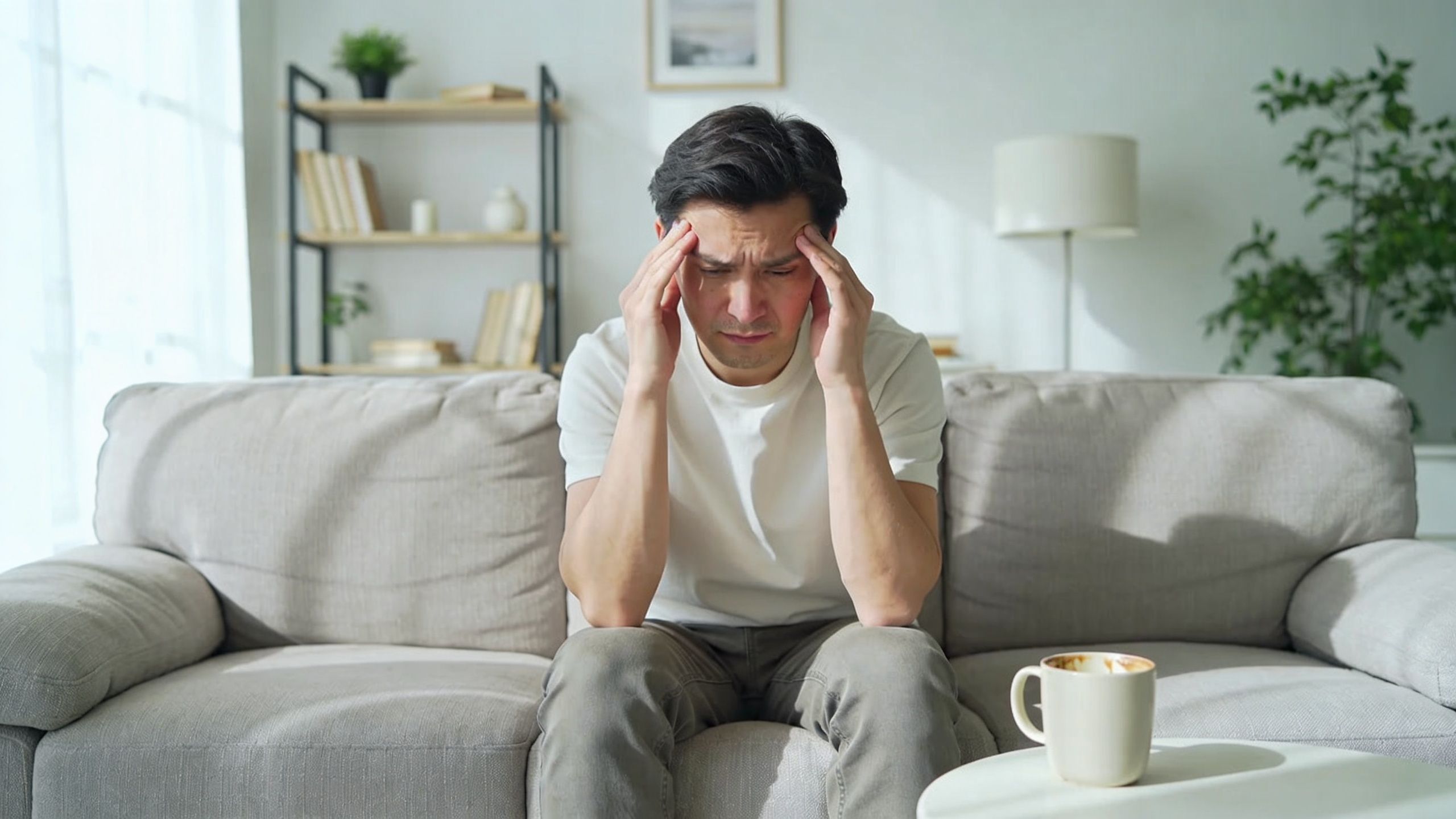 A man sitting on a sofa looking stressed while holding his head with both hands due to discomfort.