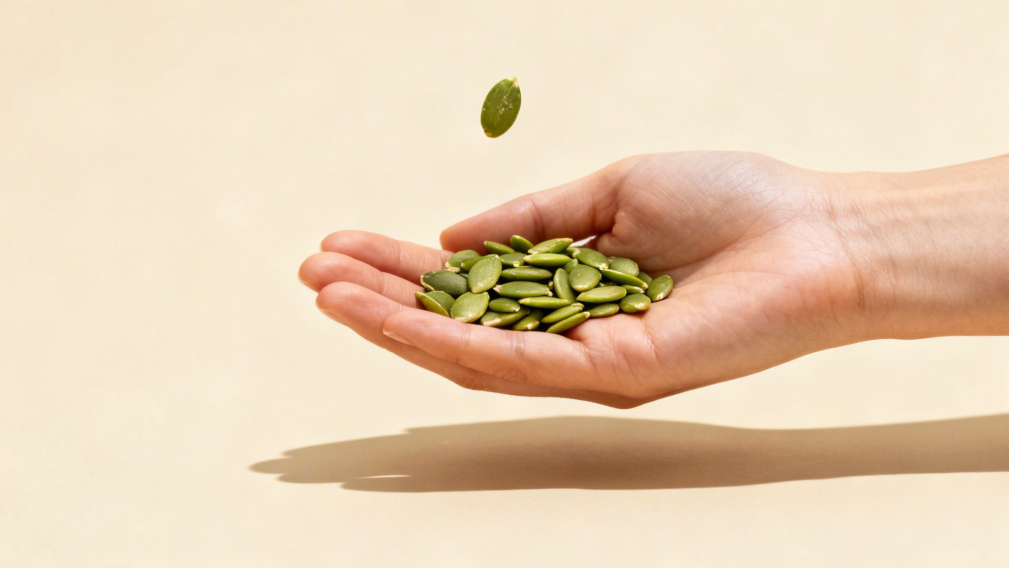 A human hand holds a generous pile of raw green pumpkin seeds, with one seed floating above.