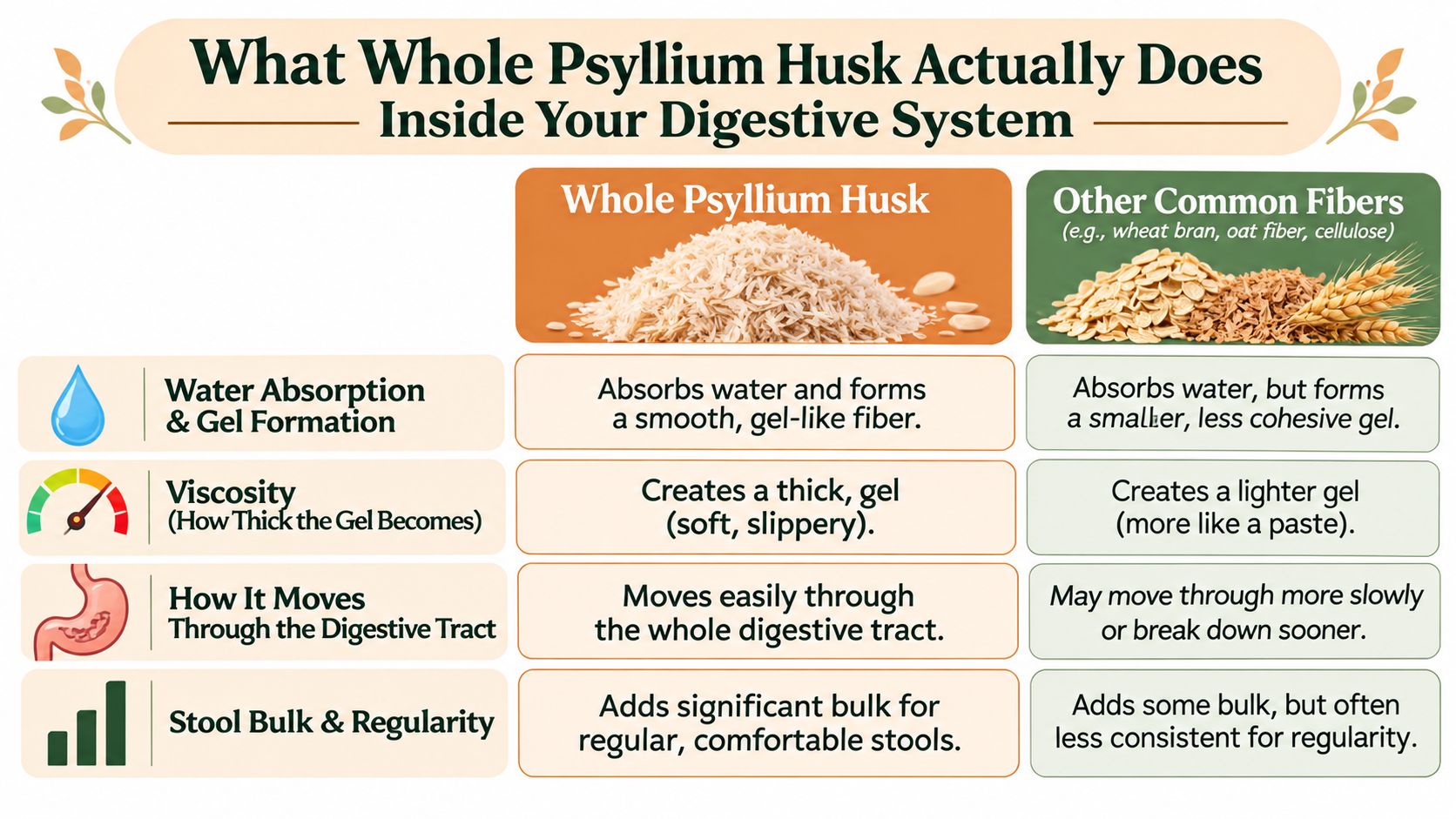 A comparison chart showing how whole psyllium husk fiber creates a smoother, more effective digestive gel than other common fibers.