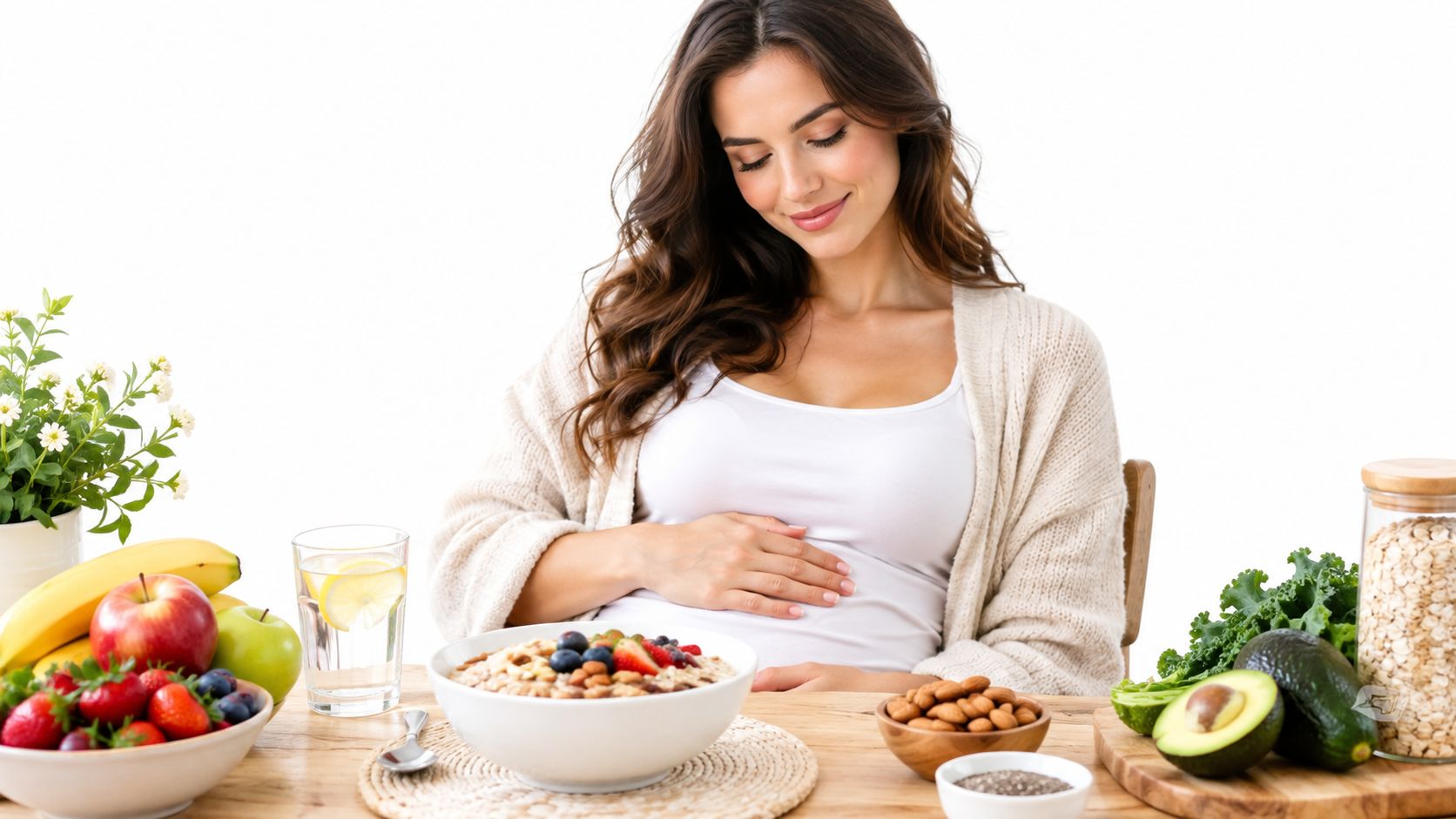 A smiling pregnant woman sits at a wooden table with healthy snacks, oatmeal, and a glass of water.