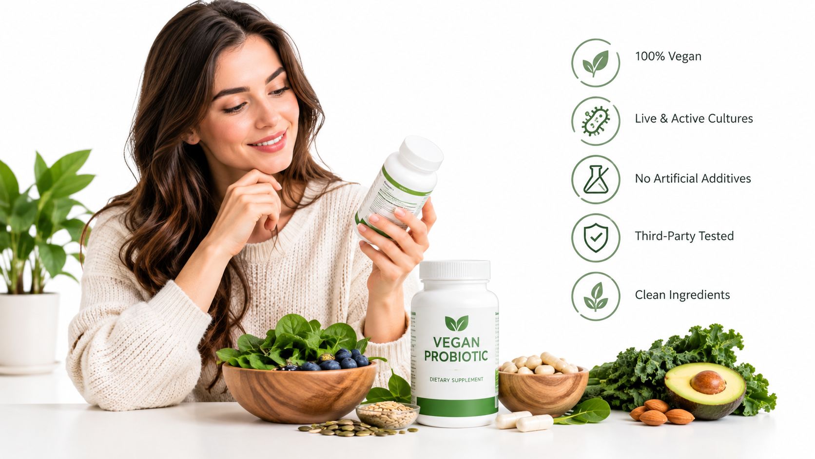 A woman smiling while holding a bottle of vegan probiotic supplements next to fresh healthy food.